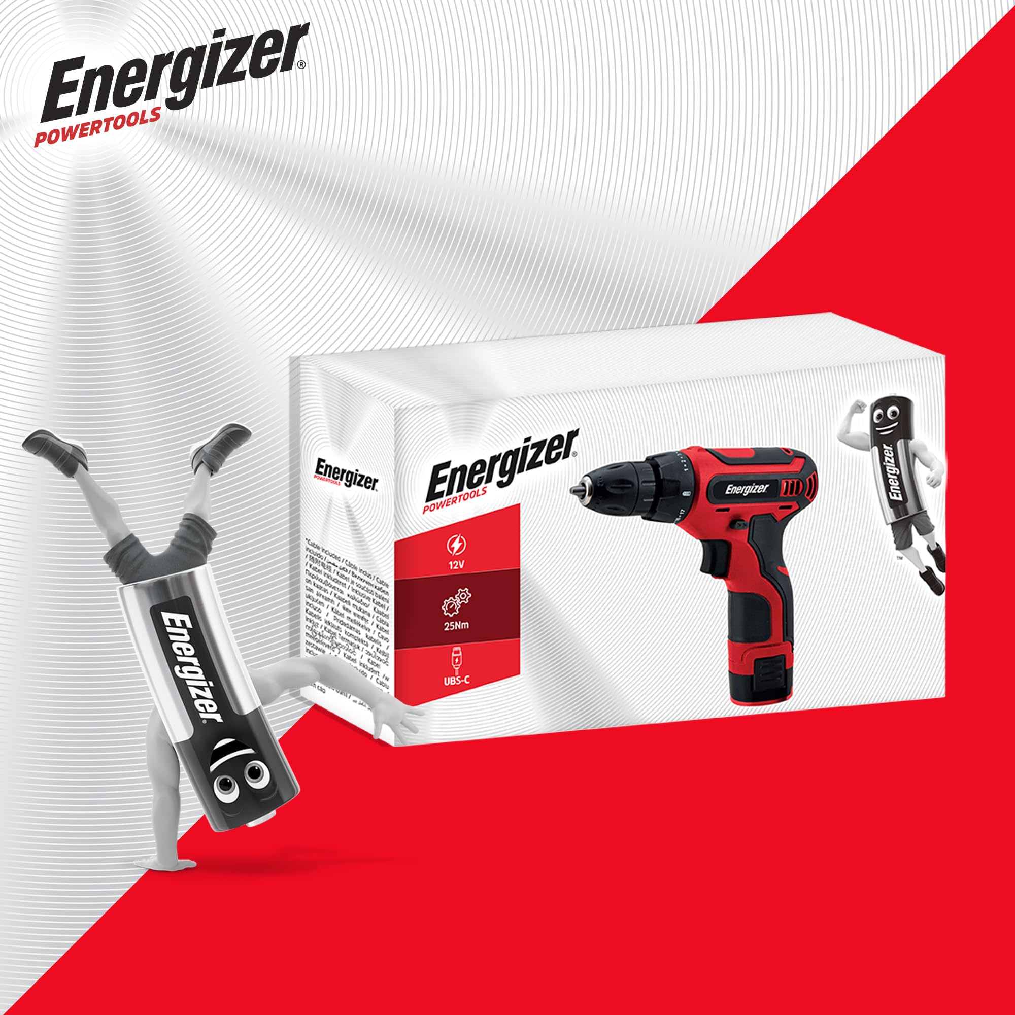 Destornillador inalámbrico Energizer de 12 V – Batería recargable integrada – 25 Nm – Mandril de 10 mm – Cable USB-A/USB-C de 1,5 m – Mango de agarre suave