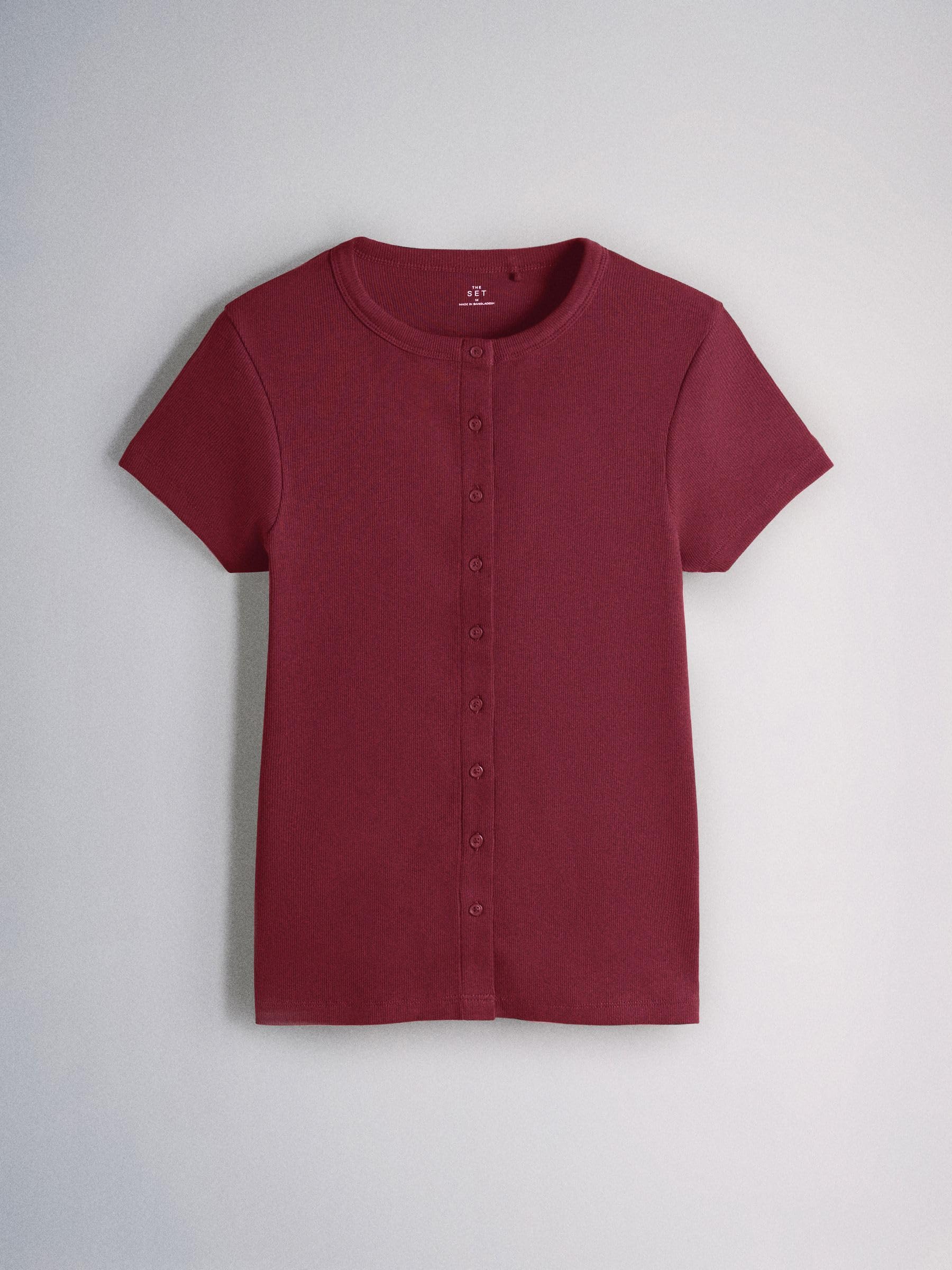 THE SET Damen Gerippte T-Shirts mit Durchgehender Knopfleiste, 4er-Pack