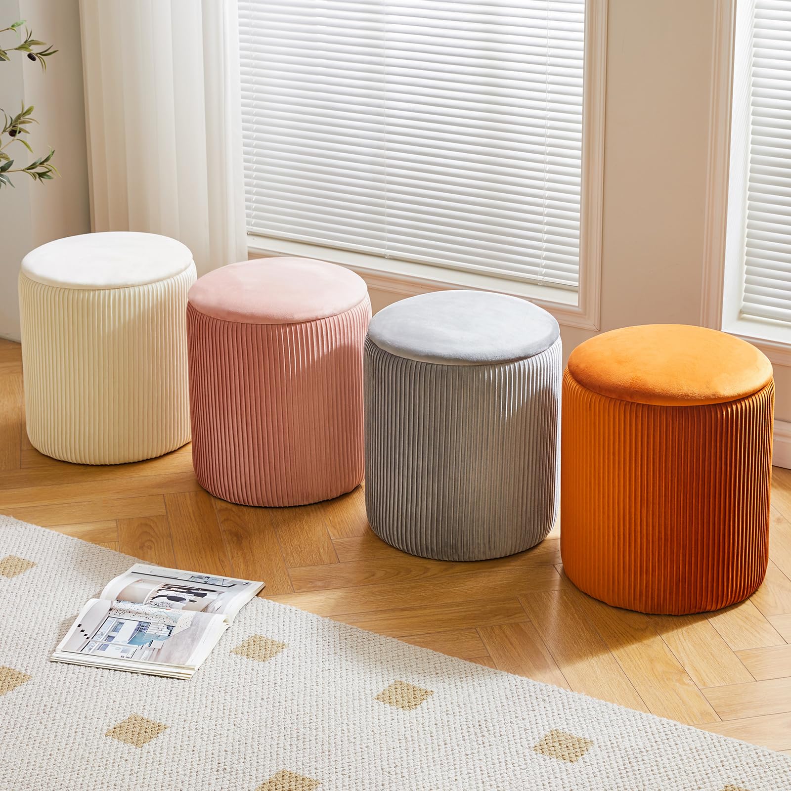Set 2 Pouf Ottomani Rotondi In Velluto Arancione – Con Contenitore, Sgabello Multiuso Per Soggiorno E Camera