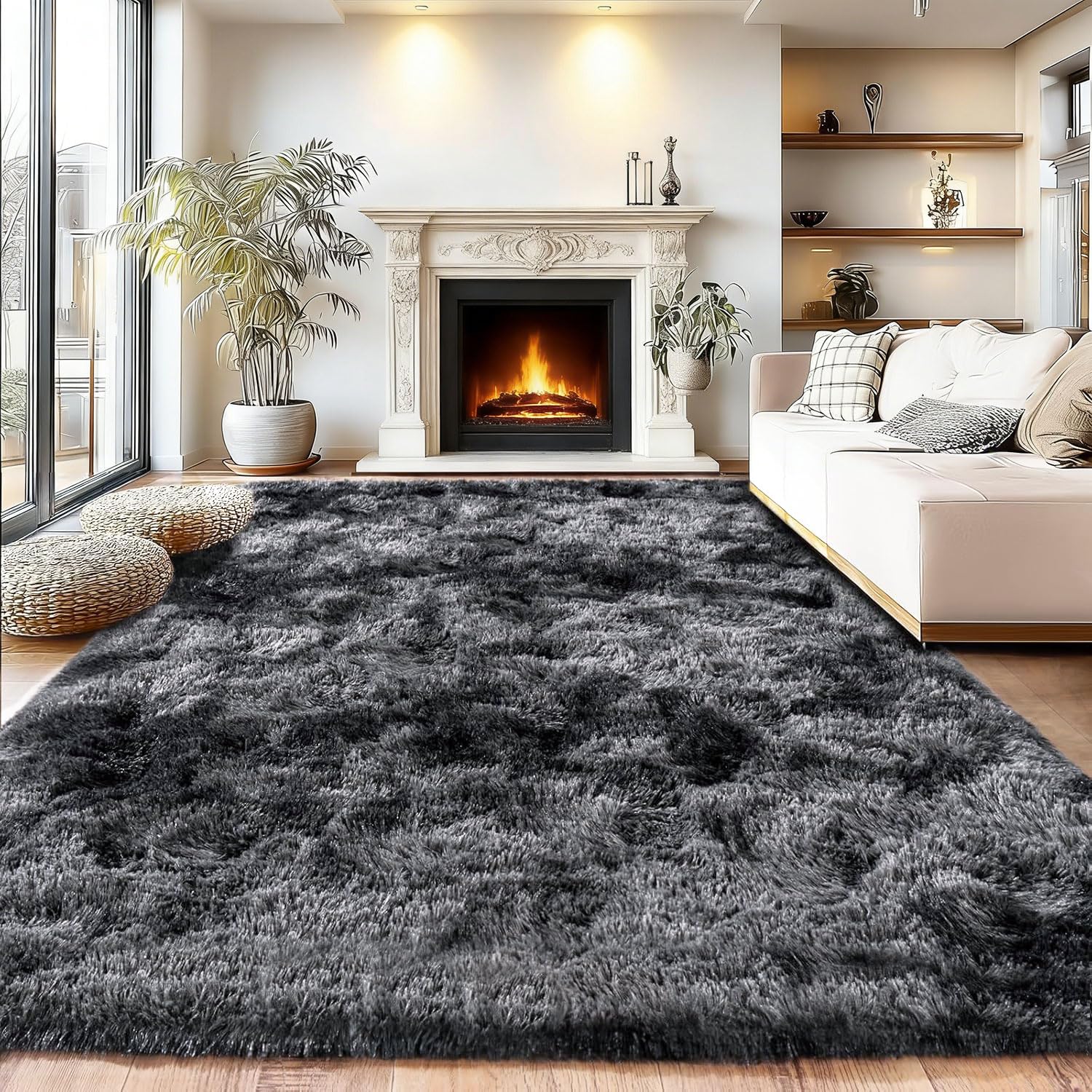 HNNFMY Large Rugs Living Room 160x230cm High Pile Cosy Soft Fluffy Rugs for Bedroom Non Slip Washable Shaggy Area Carpet-Dark Grey