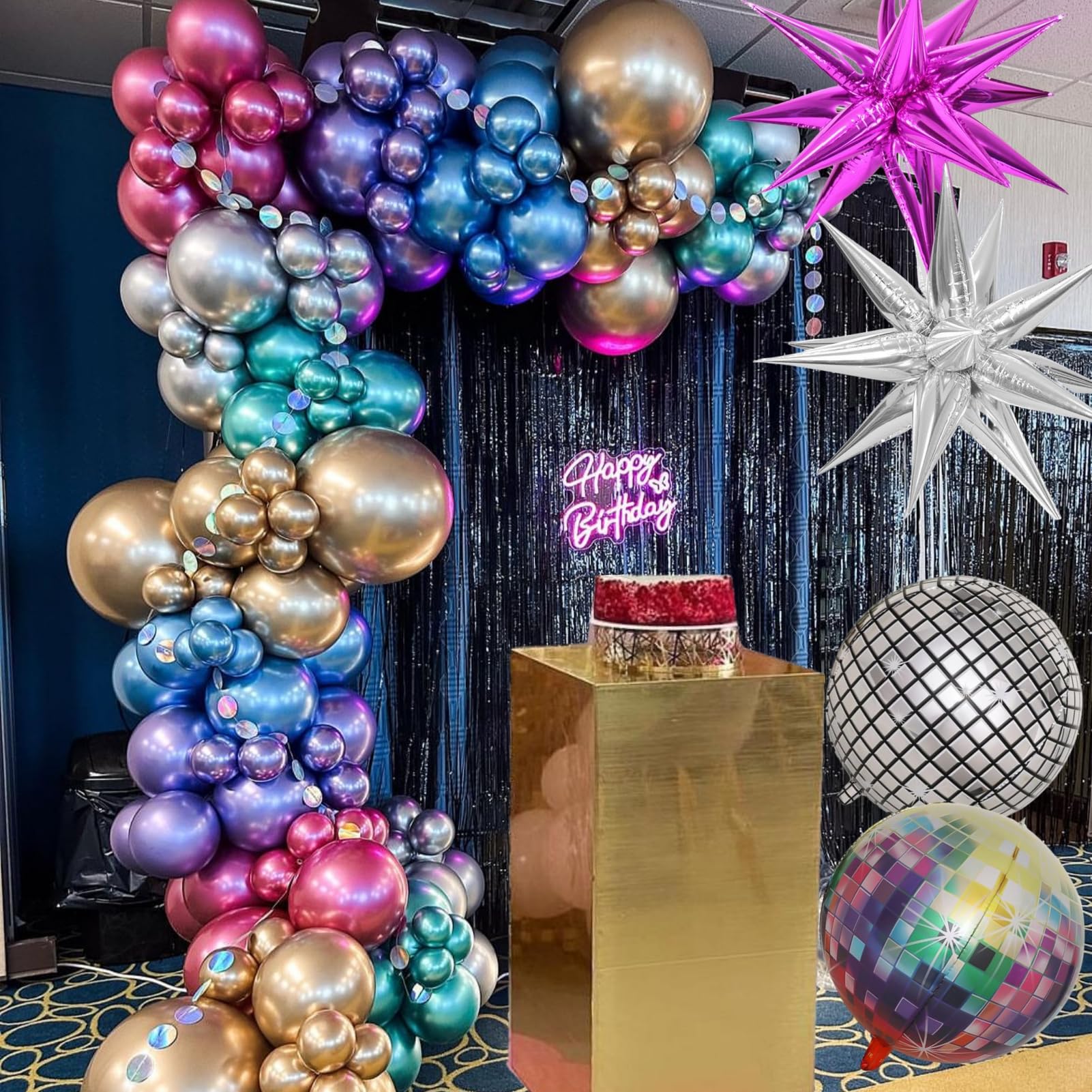 Chrome Balloon Arch Kit 4D Disco ball starburst with 154pcs Metallic Gold Silver Blue Red Magenta Purple Green Balloons Garland for 80s90s Dance Theme Birthday Graduation Party Decorations