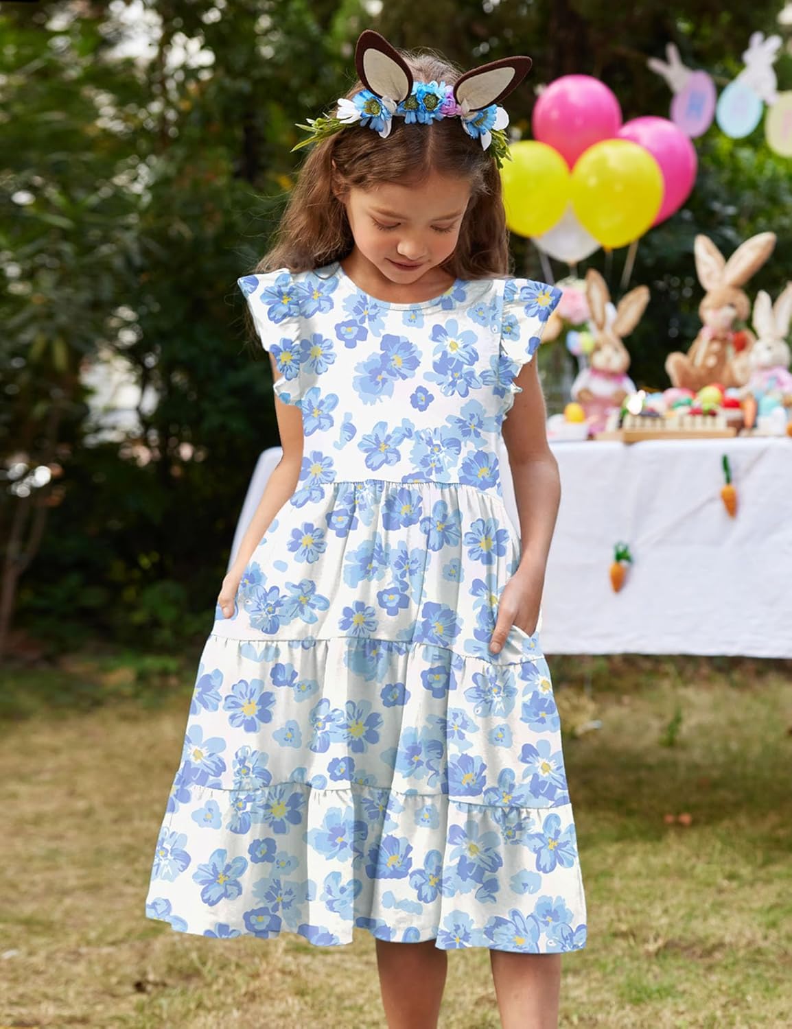 Arshiner Toddler Dress Girls Summer Ruffle Sleeve Tiered Swing Midi Casual Sundress with Pockets - Image 4