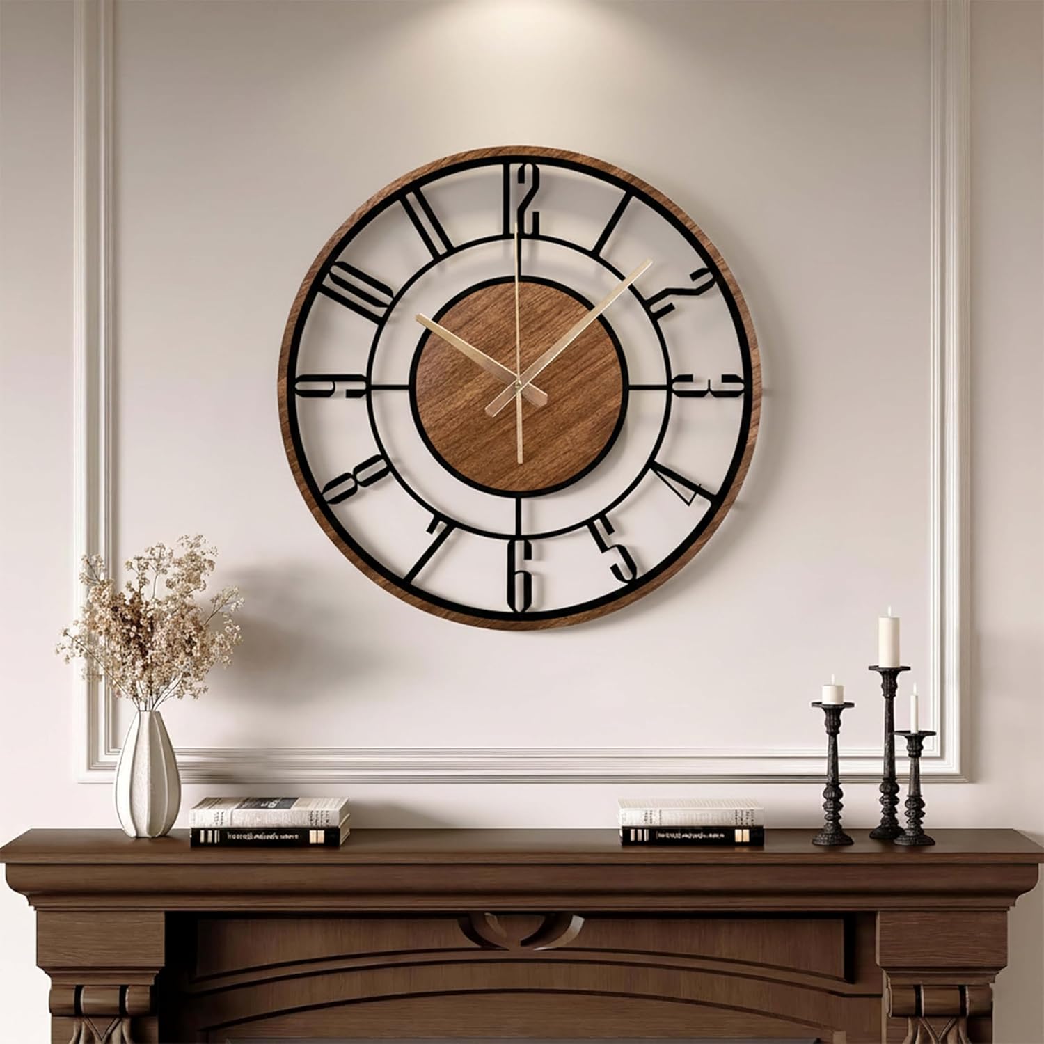 Metal Large Wall Clock, Black Metal with Wood Non Ticking, Silent Battery Operated Clocks for Home Living Room Farmhouse Kitchen Office Dining Room, Modern Round Wall Clock Decor, Housewarming Gift