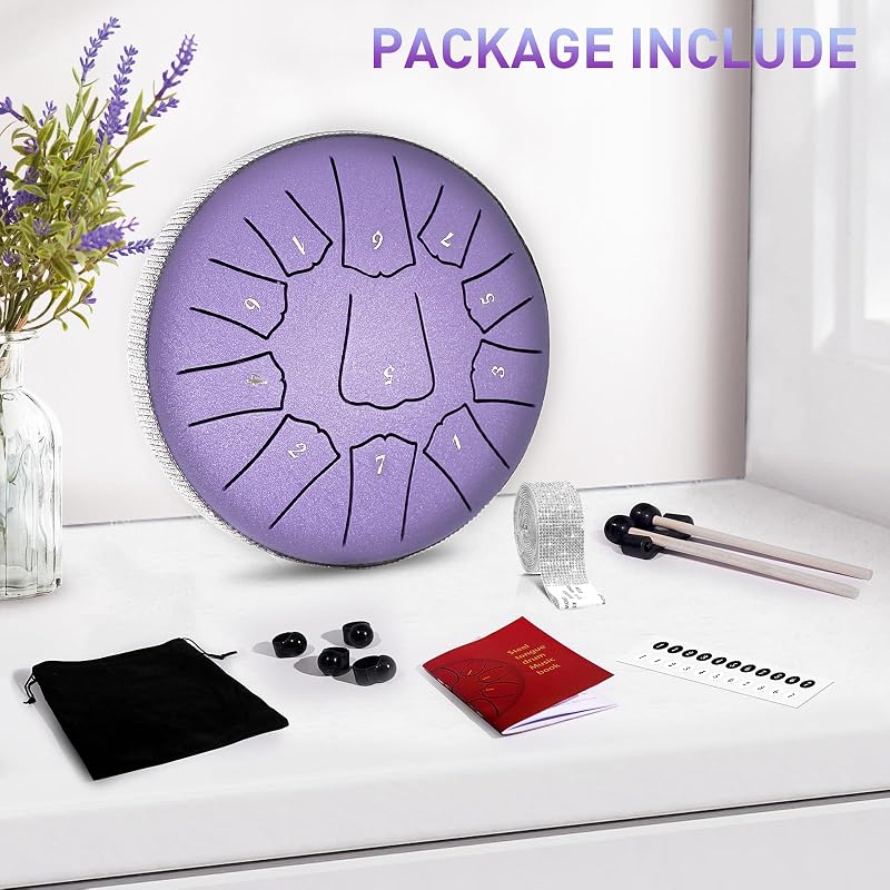Ovissol Tongue Drum 15 cm 11 Hangú D-dúr Handpan Dob Készlet Kezdőknek - Meditációhoz, Jógához, Hangterápiához - Levendula Lila