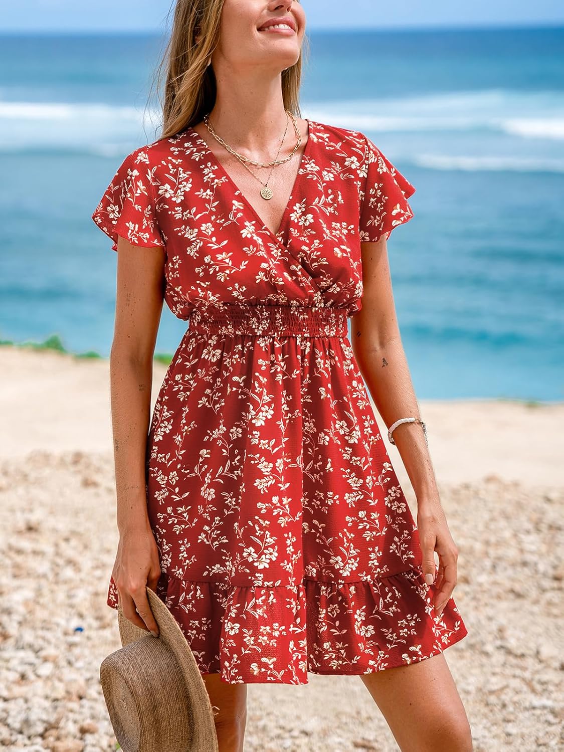 CUPSHE Women's Summer Floral Mini Dress Ruffle Trim Short Sleeve Smocked Waist Beach Short Dress - Image 5