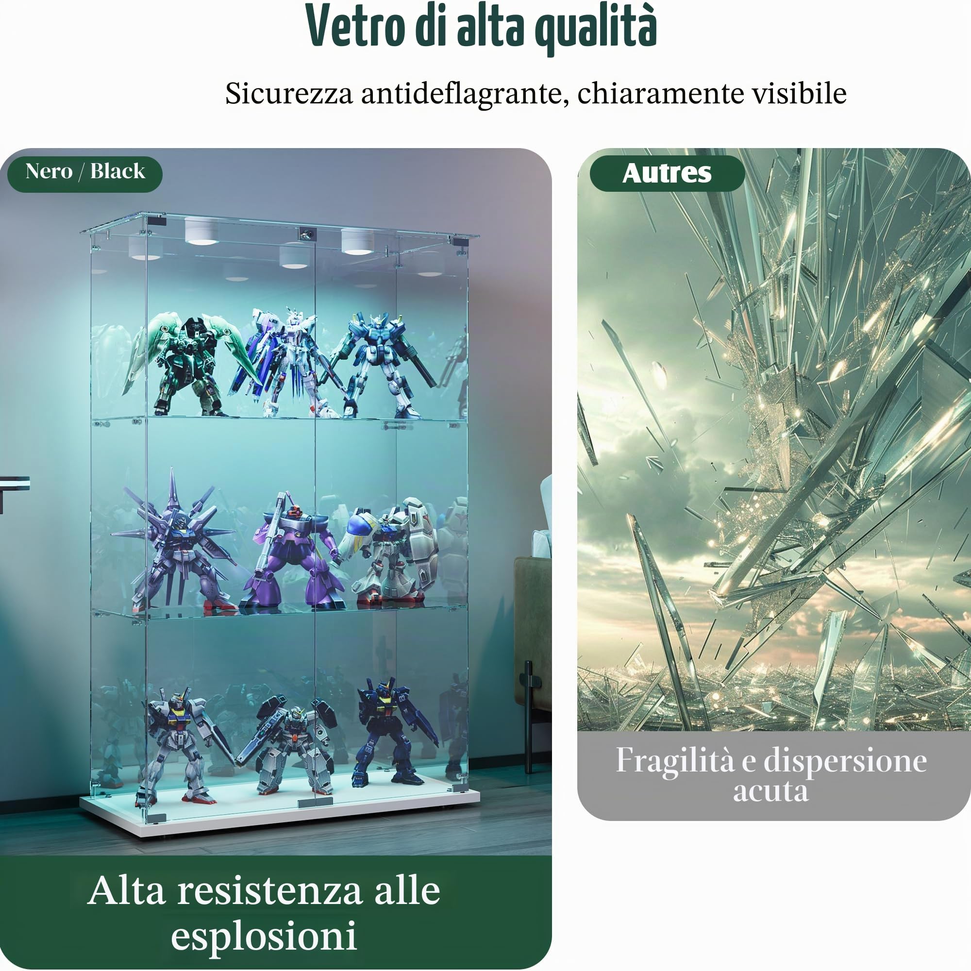 Vetrina in vetro con luci a LED, armadio EE, 3 ripiani e 2 porte, per collezione, camera da letto, soggiorno e sala da pranzo, 123 x 78,5 x 35 cm