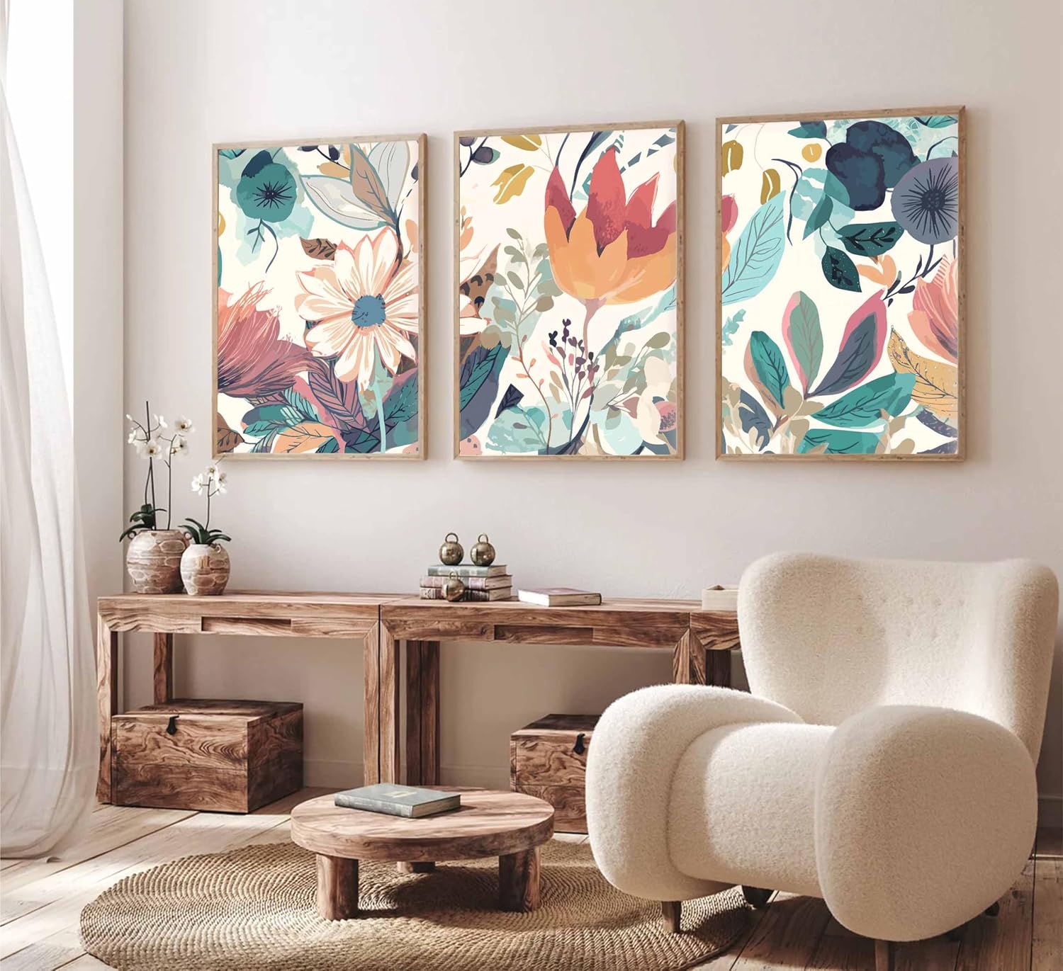 3 Pcs Boho Wild Flowers Canvas Wall Art Neutral Watercolor Boho Abstract Floral Botanical Painting Picture Wall Decor Poster Print Artwork for Living Room Bedroom Home Decoration Unframed