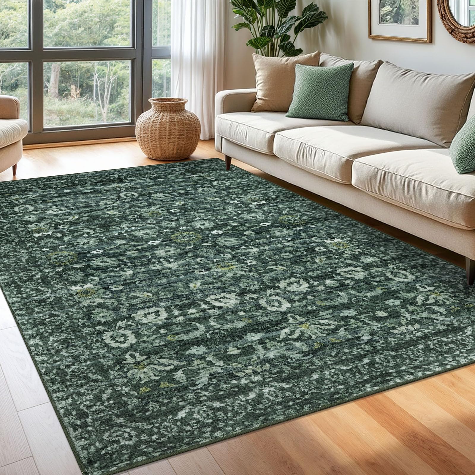 Lansny Vintage Floral 6x9 Rug, Dark Green Washable Area Rug for Bedroom, Non Slip Living Room Rug Thin Printed Faux Wool Super Soft Floor Carpet for