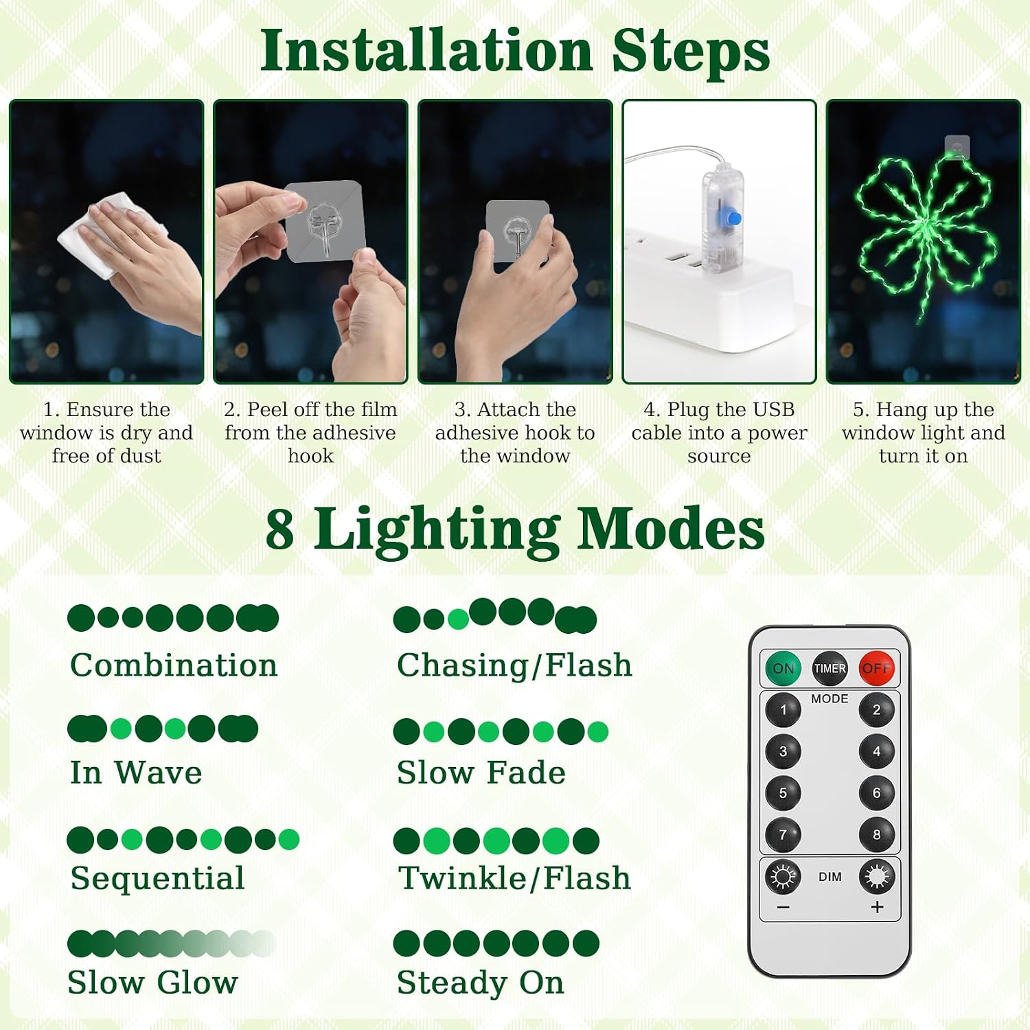 Lewondr 60LEDs Irish Shamrock St Patricks Day Window Decoration Green Light image 4
