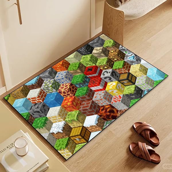 Block Game Rug Teen Boys Carpet with Pixel Games Element Decoration Mat, Cube Block Game Rugs for BoyΓ’β¬β’s Bedroom Living