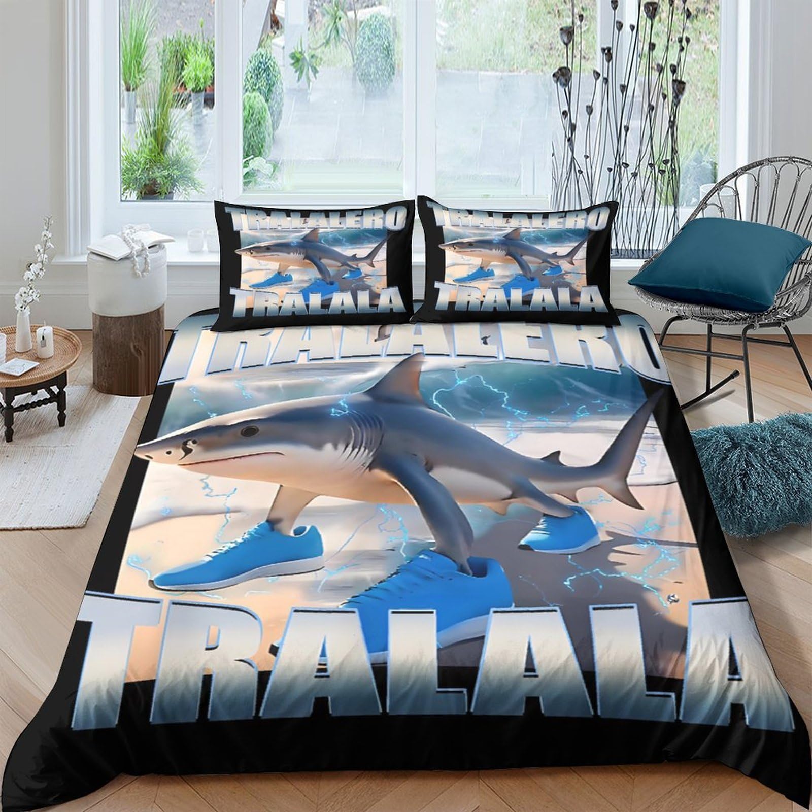 GPLZQXKJNH 3D Printed Shark Ocean Duvet Cover Microfiber Soft Breathable Wave Bedding Set with 2 Pillowcases for Bedroom Decor Single（135x200cm）