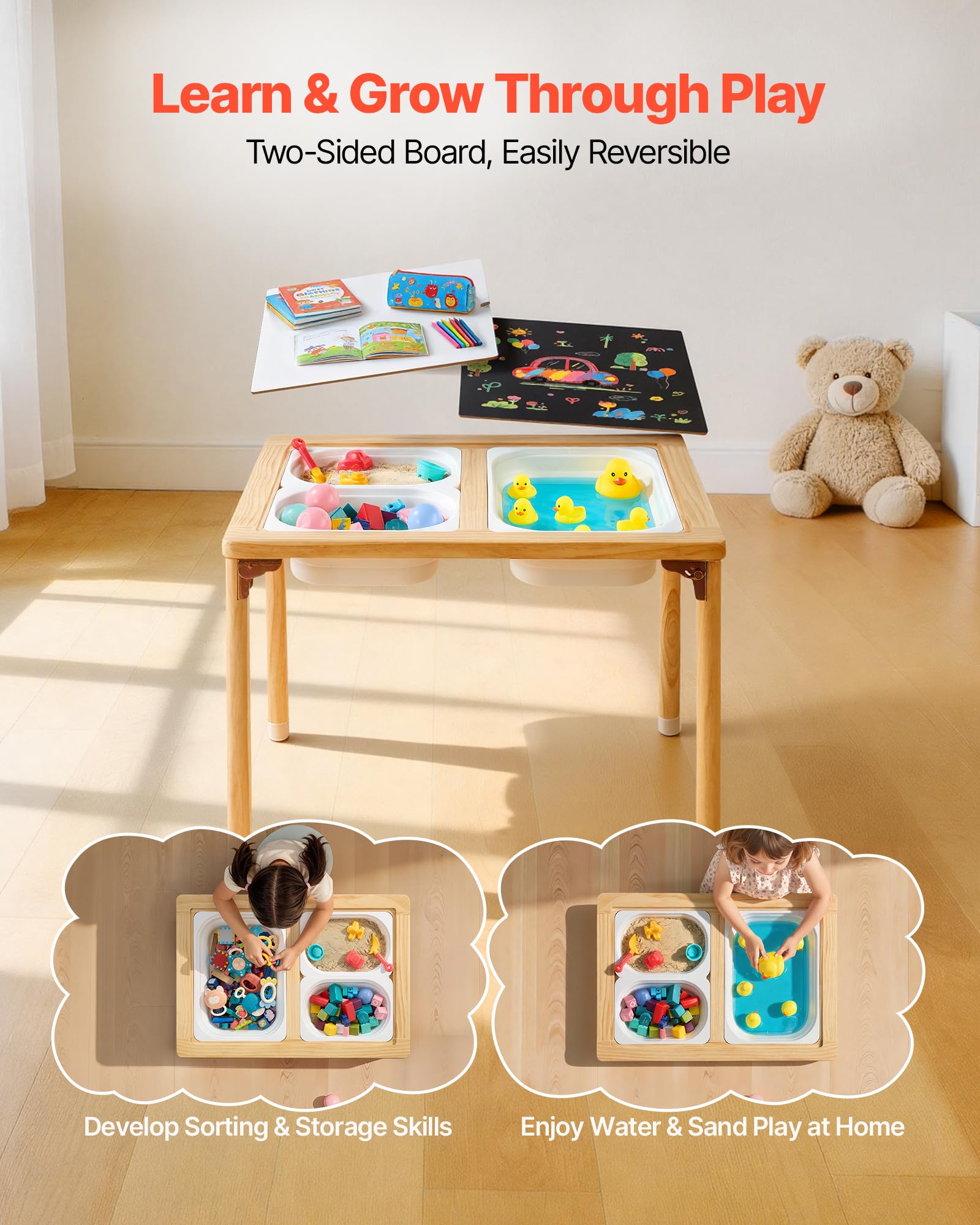 VEVOR Tavolo Sensoriale per Bambini Piccoli, Scrivania da Gioco Pieghevole in Legno con Piano a Doppio Lato, Contenitori Portaoggetti e Piedini Antiscivolo, per attività con Sabbia e Acqua Crescita