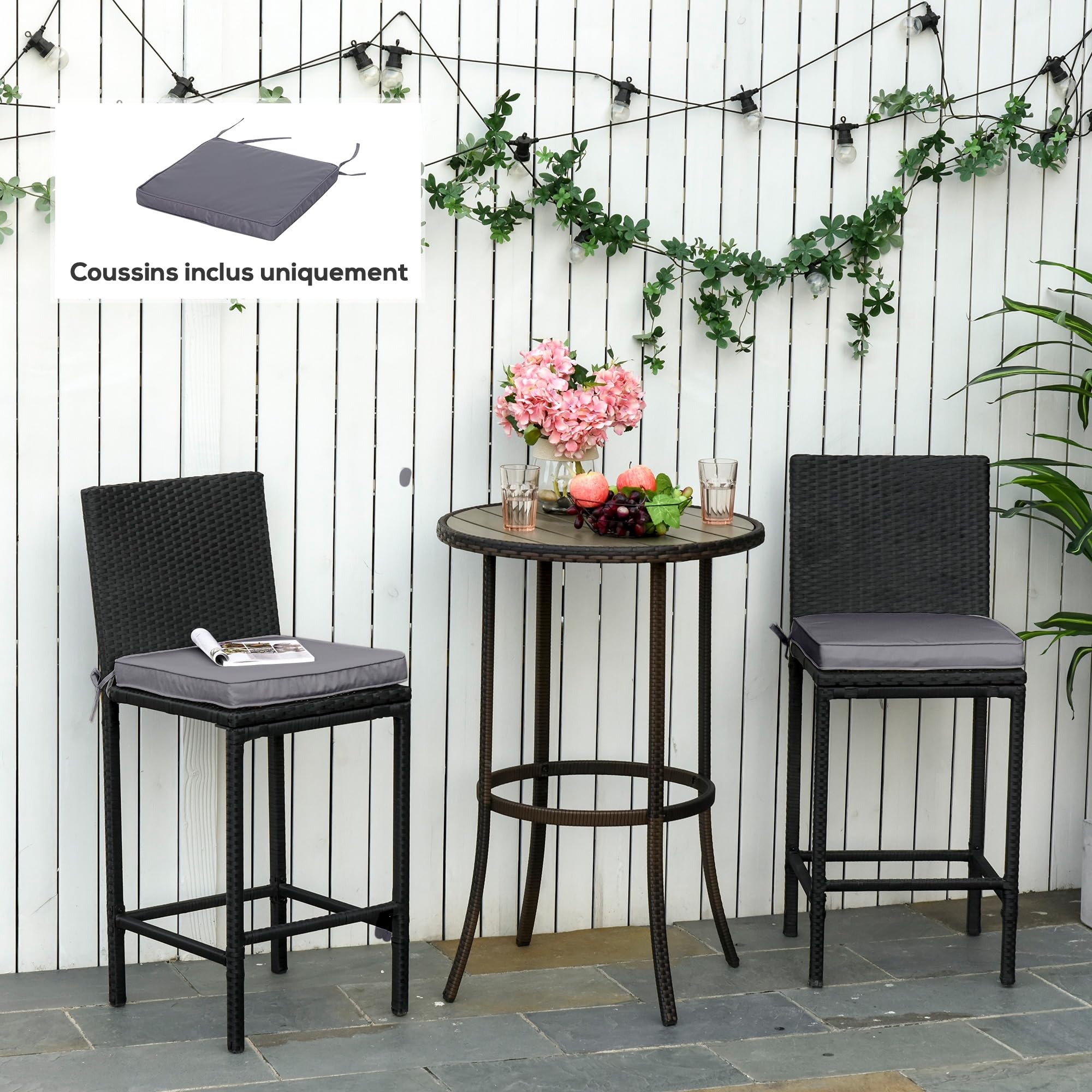 Outsunny Lot de 2 Coussins de Chaise de Jardin Coussin Chaise extérieur Coussins d'assise déhoussables Rembourrage 5 cm Tissu Polyester dim. 45L x 45l cm Gris foncé