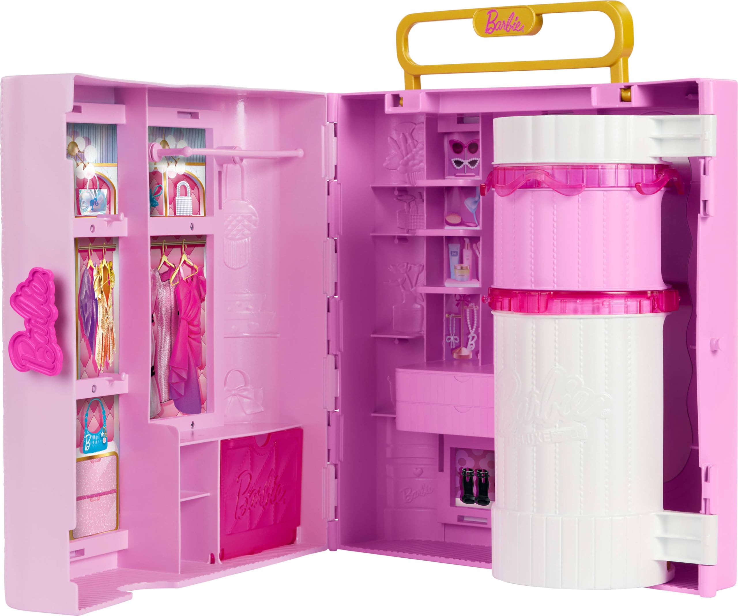 Barbie-Kleiderschrank mit Ankleidezimmer zum Drehen und Stylen, Schminkbereich mit Ottomane und Ringbeleuchtung, 4 Kleidungsstücke, 20+ Teile und tragbare Aufbewahrung, JNR16
