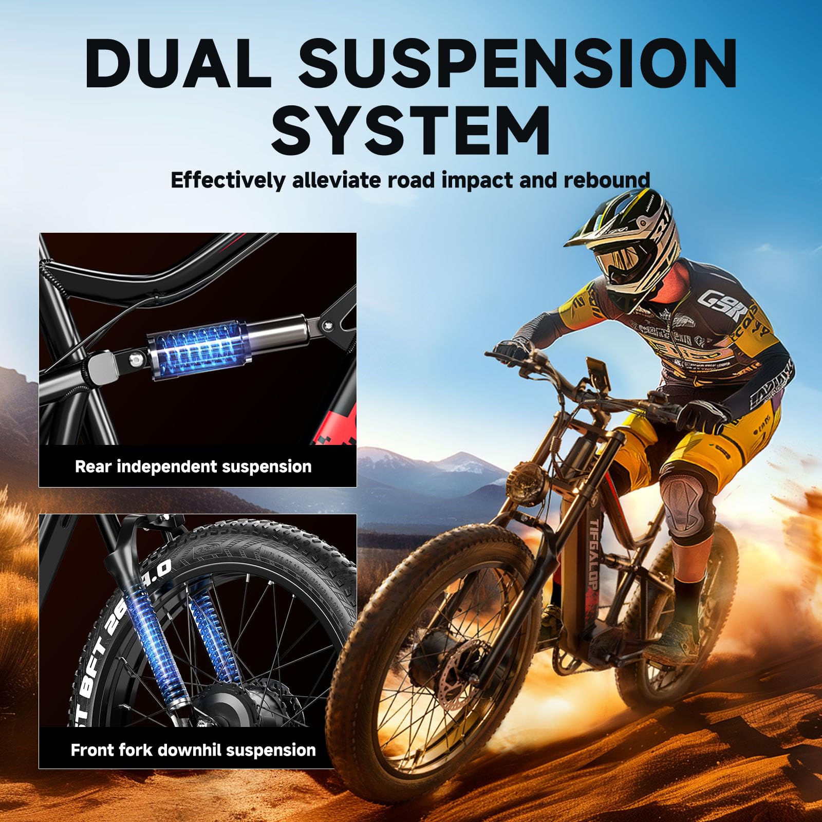 tifgalop Bicicleta eléctrica para Adultos, Bicicleta eléctrica Todoterreno de 26 Pulgadas, Doble absorción de Impactos, 7 velocidades, batería de Litio de 48V 18Ah, Alcance de hasta 45-90 km