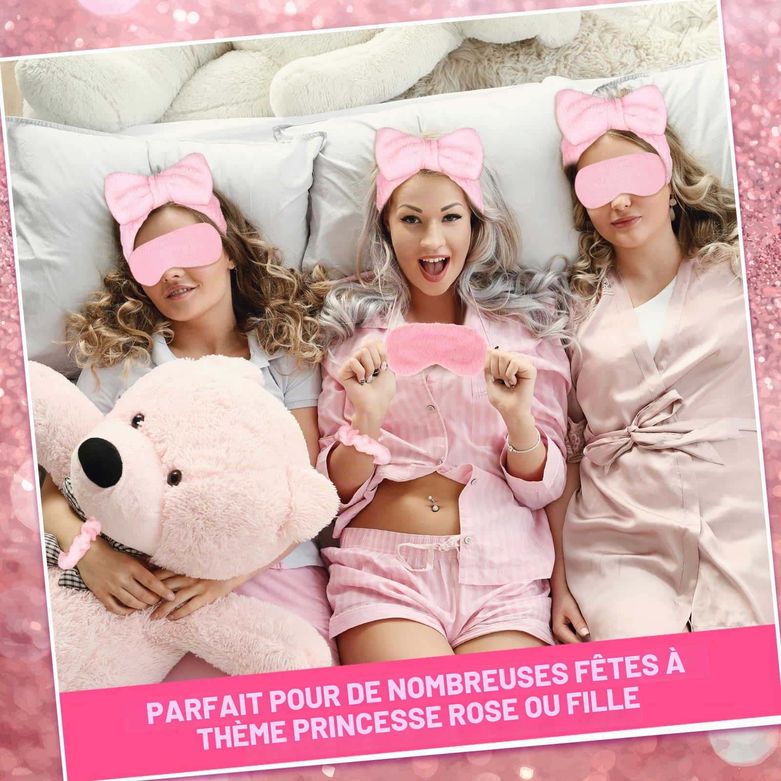 Lot de 30 accessoires de fête pyjama pour filles comprenant 6 bandeaux à nœud rose, 6 masques de sommeil en peluche, 6 chouchous en velours, 6 chiffons démaquillants et 6 trousses cosmétiques en PVC