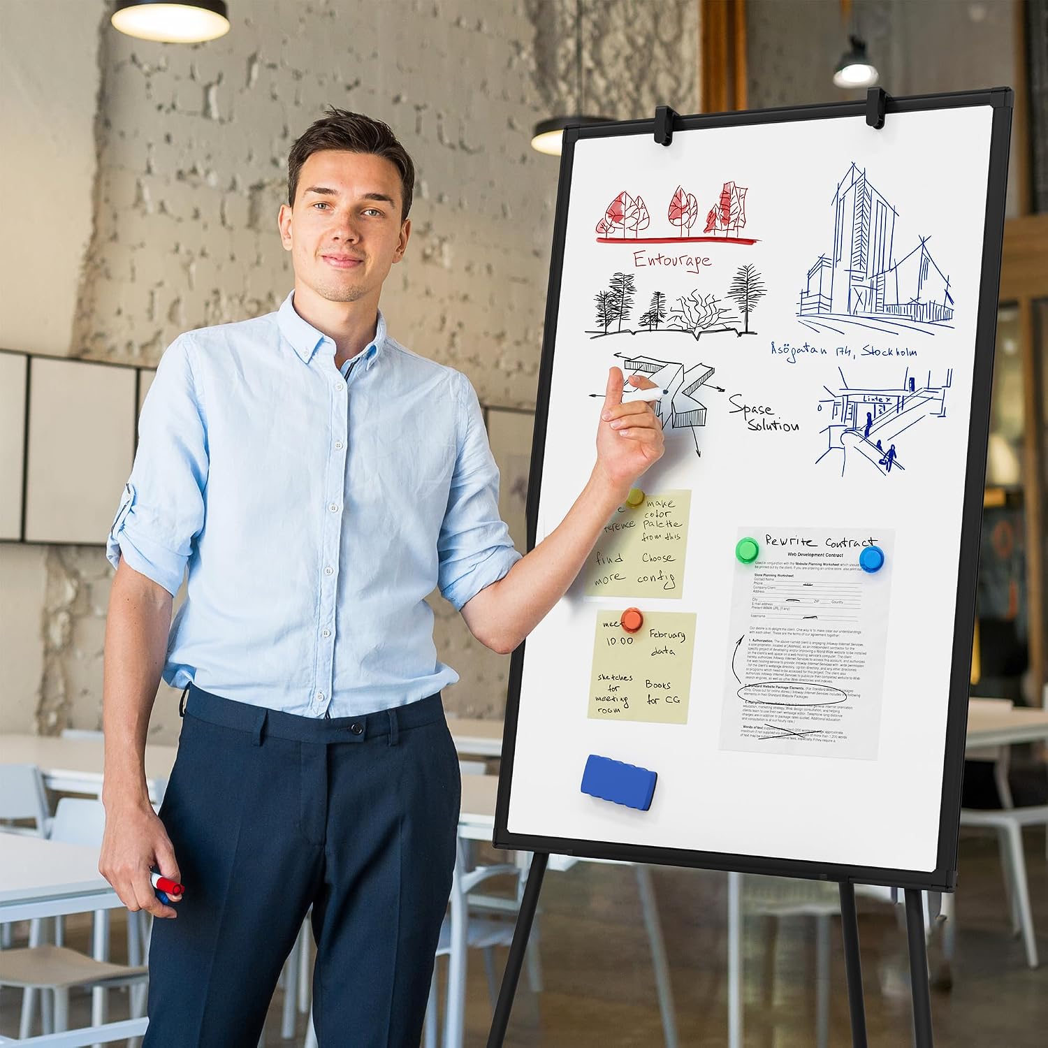 Large Whiteboard Easel with Stand, 36" x 24" Portable Standing Magnetic Dry Erase White Board, 3' x 2' Tripod Height Adjustable Flip Chart Easel for Home Office Classroom School, Black