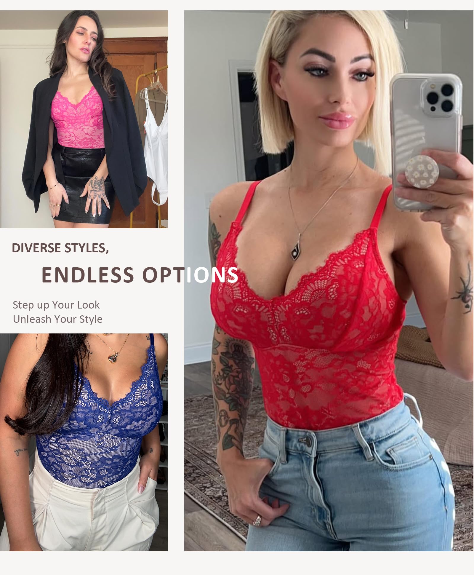 FeelinGirl Body Gainant Dentelle Femme Sculptant Bodysuit Débardeur Col en V Shaprwear avec String Chic et Élégant Gaine Ventre Plat