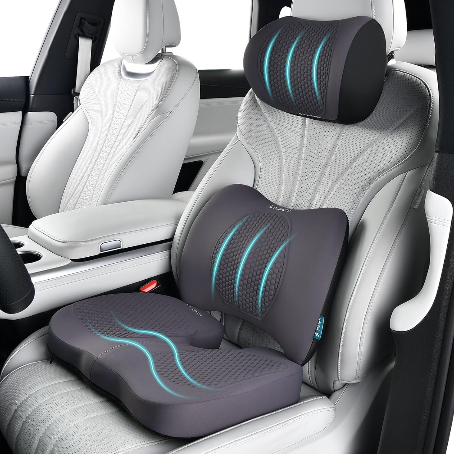 FLORICH Cojín para Asiento de Coche, Cojín Lumbar para Reposacabezas de Coche con Espuma Viscoelástica de Gel Cojín Ergonomisches Sitzkissen für Bürostuhl y Asiento de Coche, Tipo3-Gris
