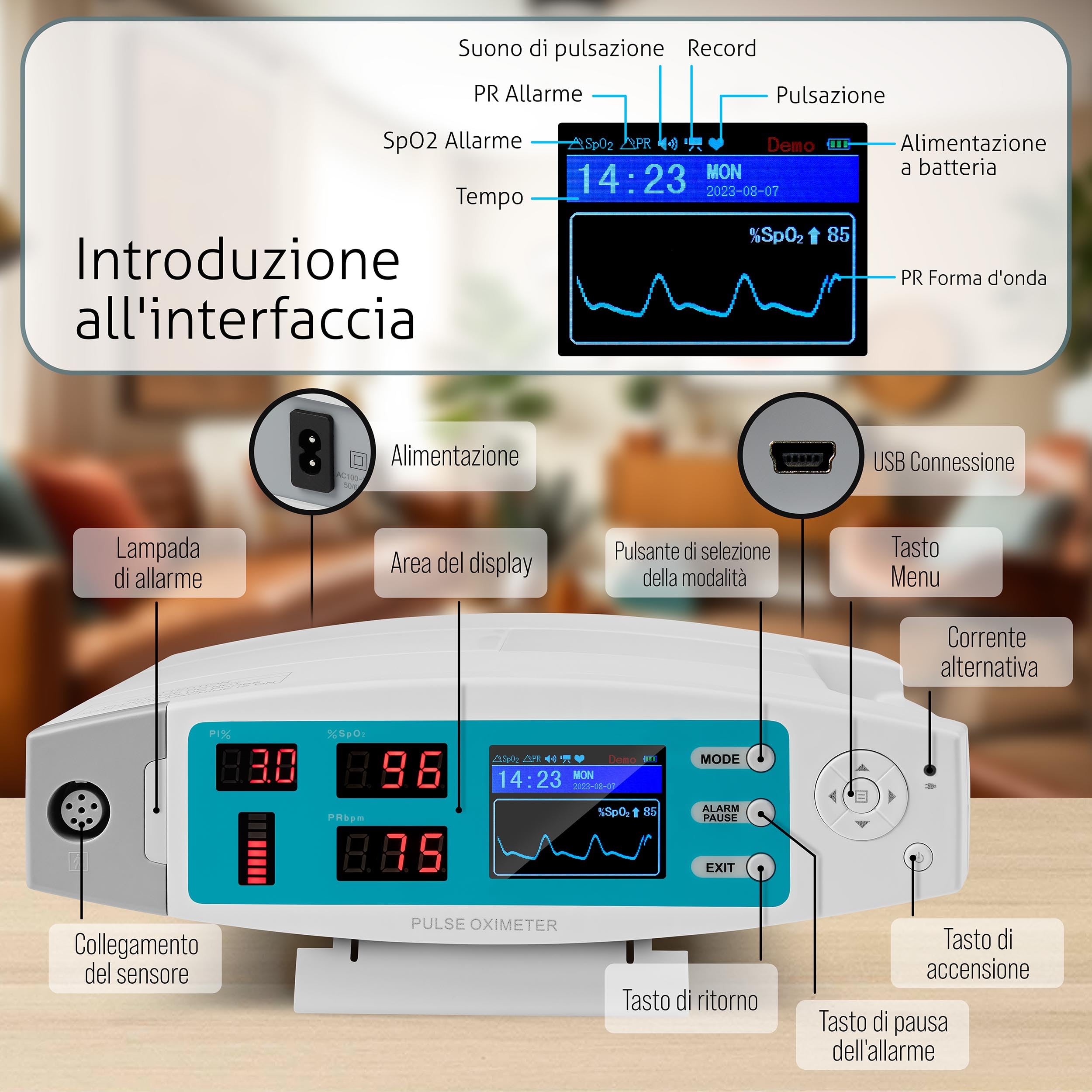 Pulox PO-900 Pulsossimetro stazionario per la misurazione saturazione di ossigeno, frequenza cardiaca e valore PI - Con allarme e software