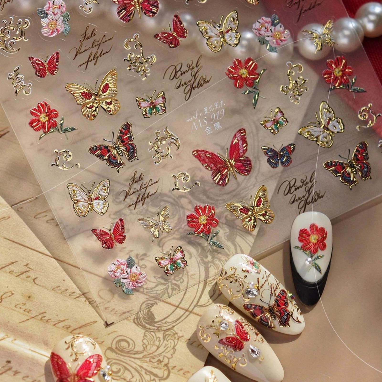 NBNTGH Nail Stickers Flower Nail Stickers - Gold Trim Sparkle Self Adhesive Nail Decals with Handwritten Lettering for Luxury Manicure DIY Decoration (1 Sheet)