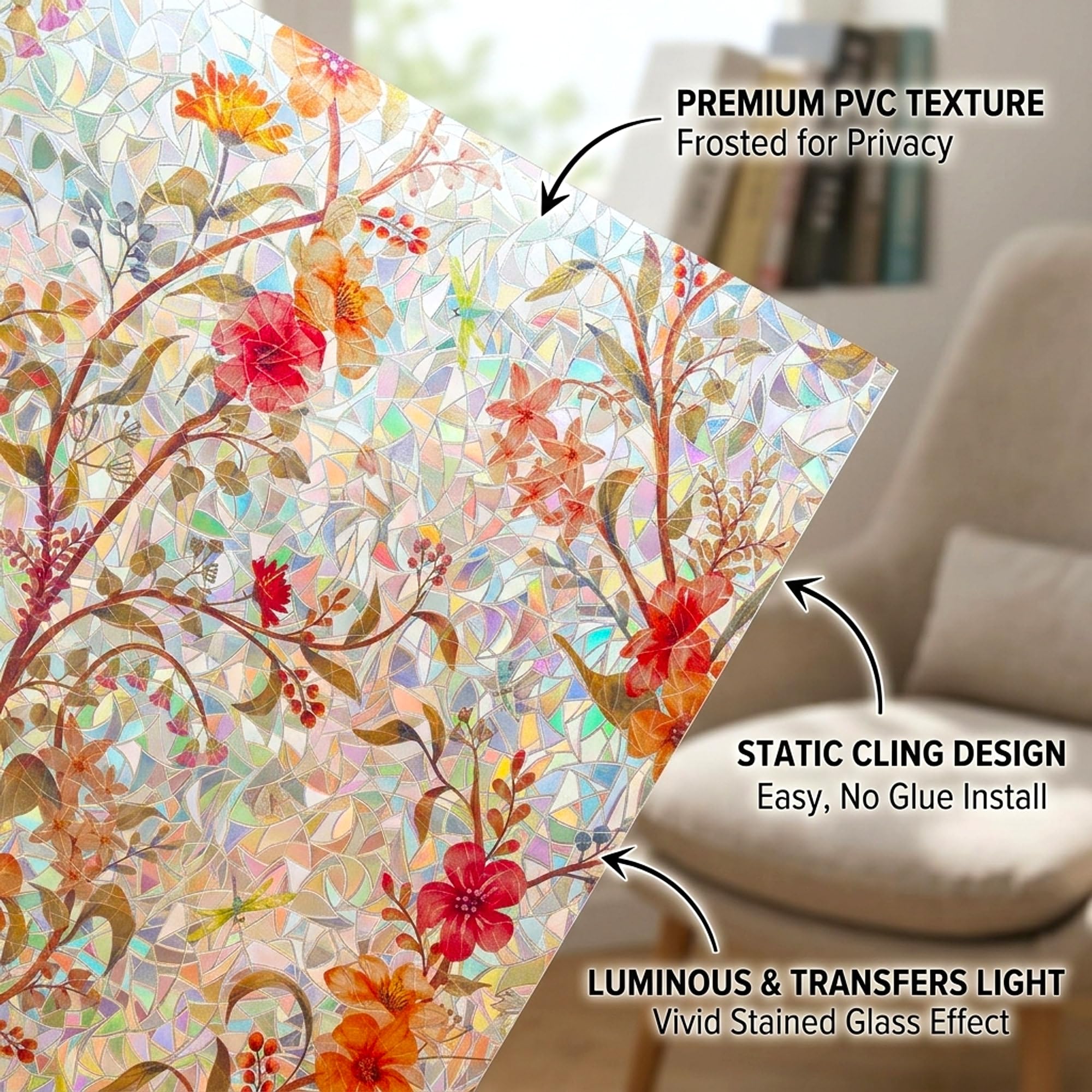 Film électrostatique pour fenêtre de porte - Motif fleurs rouges - Contrôle de la chaleur - Anti-UV - Pour la maison et le bureau - 60 x 300 cm