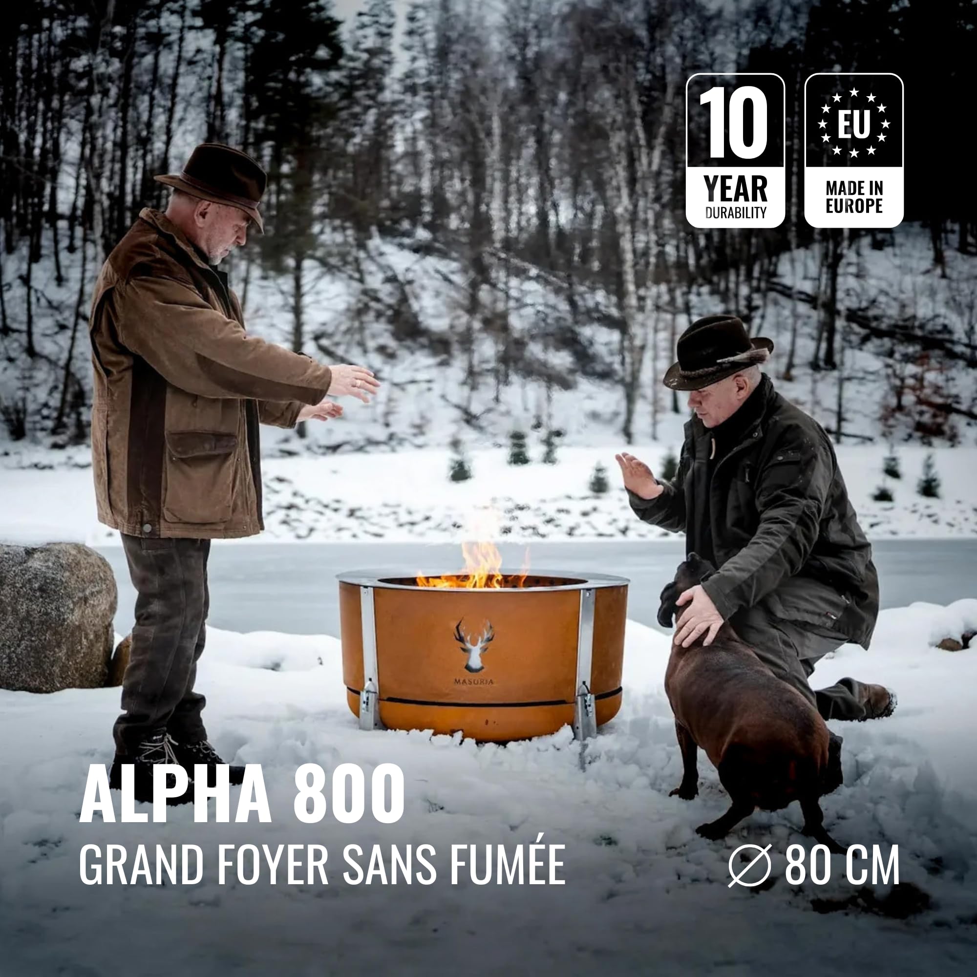 Masuria Brasero sans fumée 80 cm⌀ Alpha 800 - Réduction brevetée de fumée Jusqu’à 95% - Fabriqué en UE - Brasero extérieur en INOX 304 et Acier Corten - Pieds réglables - Grand tiroir à Cendres