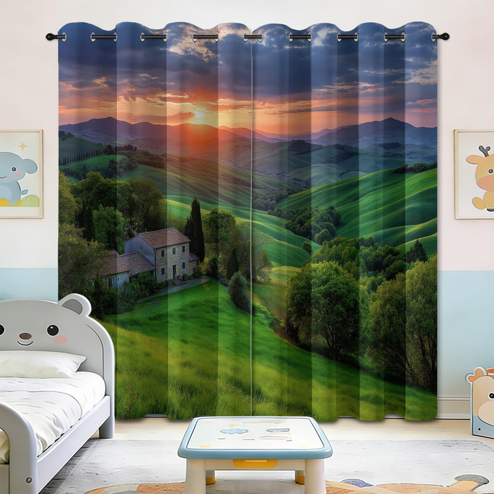 Zasłony zaciemniające Fotografia wiejska 117 l x 230 cm, łąka wiejska z motywem wiejskiego słońca, dekoracja okienna salonu i sypialni, izolacja termiczna, 2 panele