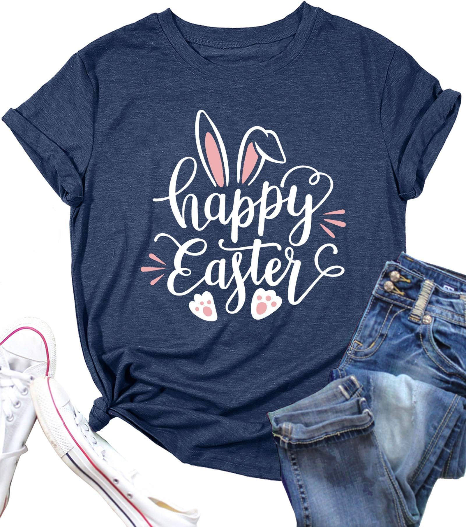 Women Happy Easter T Shirt Bunny Rabbit Graphic T-Shirt Funny Letter Printed Shirts Short Sleeve Tops