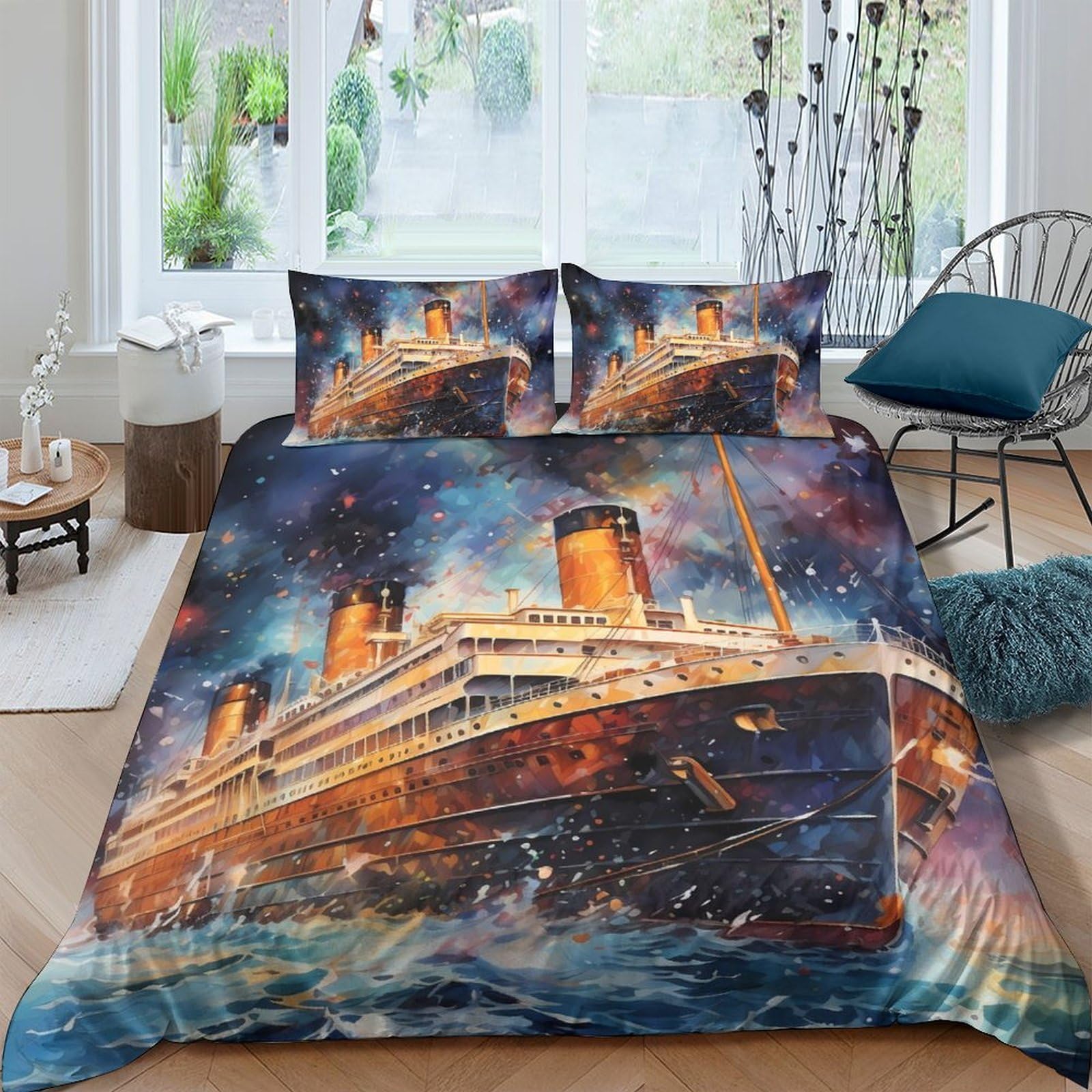 GPLZQXKJNH 3D Printed Titanic Ocean Ship Duvet Cover Microfiber Soft Breathable Night Sky Bedding Set with 2 Pillowcases for Bedroom Home Decor Single（135x200cm）