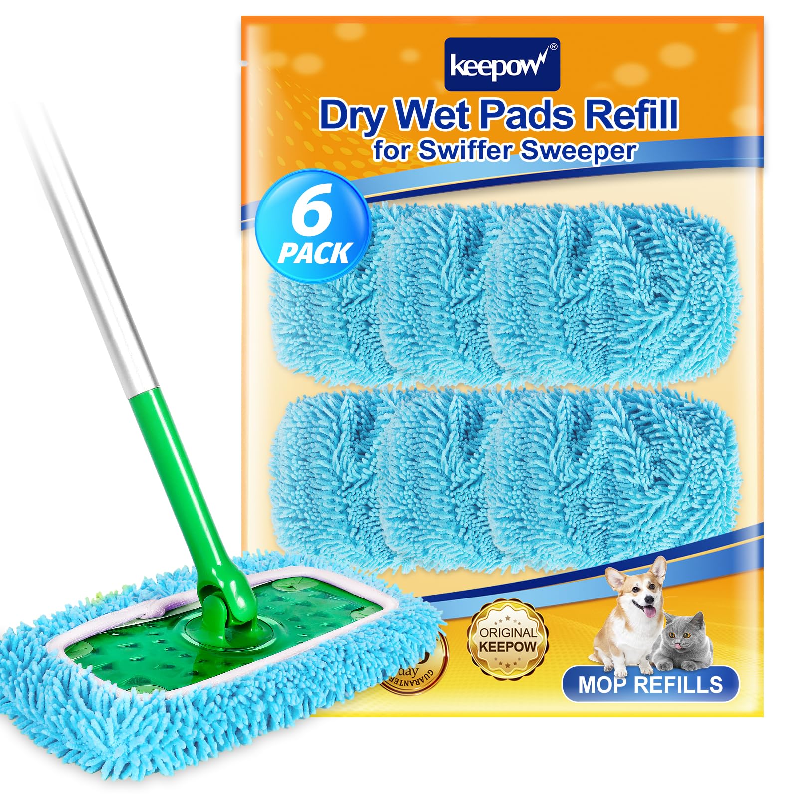 KEEPOW Wet Pads Refill for Swiffer Sweeper Mop and Sweep & Mop Deluxe - Dry Sweeping Cloths for Floor Mopping and Cleaning - Pet Heavy Duty Pads Refills, Upgraded Reusable (6 Pack)