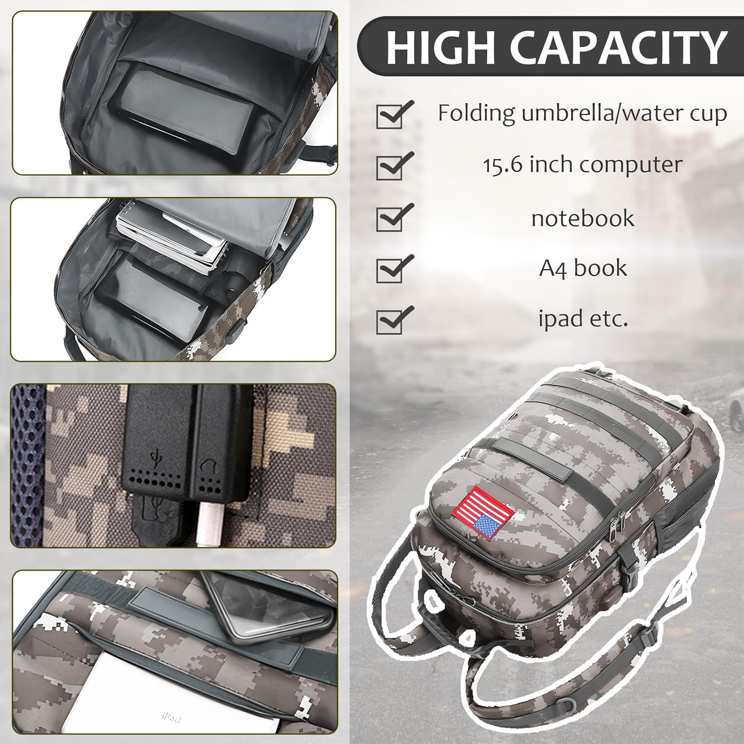 School Backpack for Boys - Camo Boys Backpack for Kids Teens Elementary Middle School - 18″ Camouflage Bookbag with Usb Charging Port & Key-chain