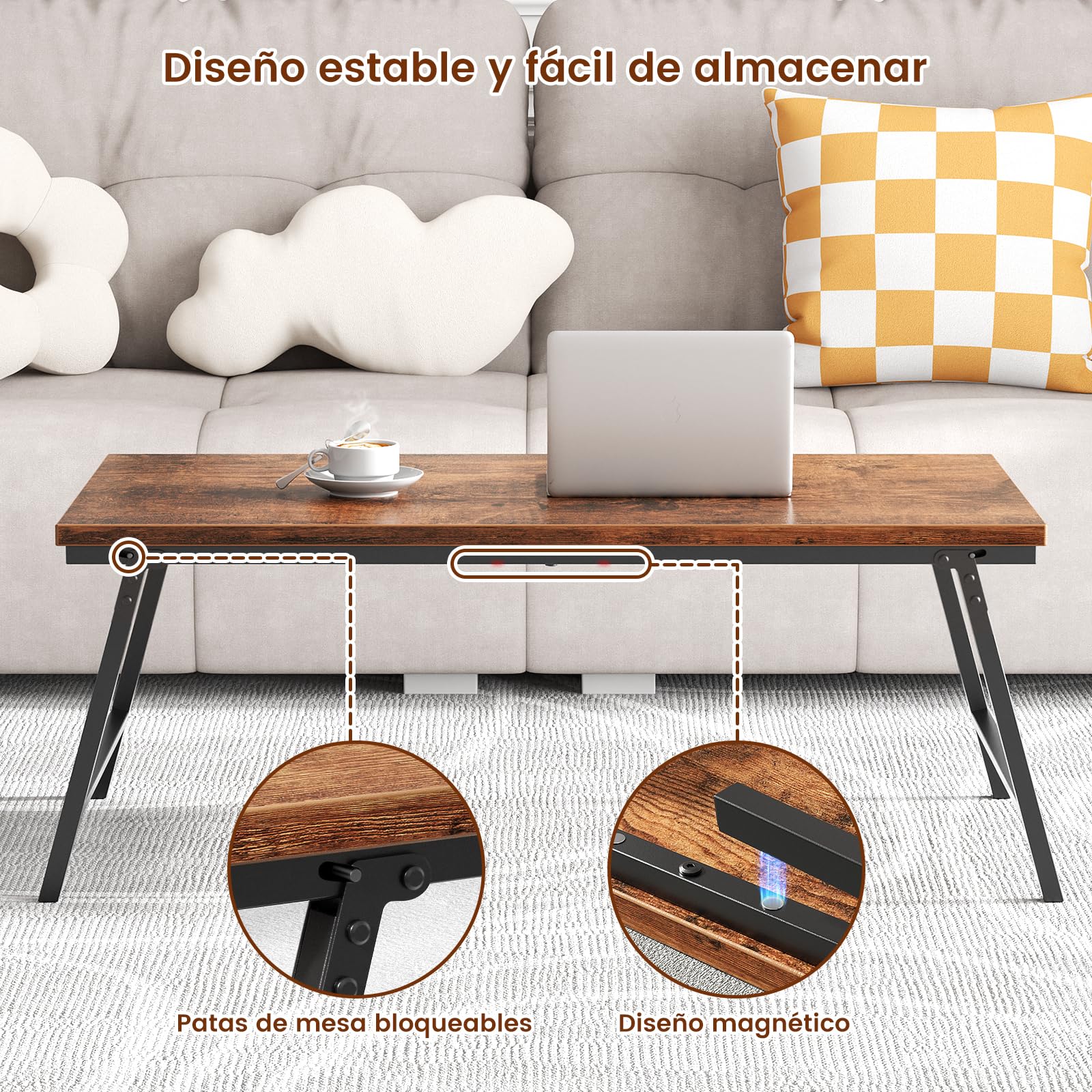 Mesa de Centro Plegable, Mesa Baja Pequeña, Patas con Hebilla Fija, 80 cm, No Requiere Montaje, Mesa Auxiliar de Madera para Sofá, Muebles de Salón, Dormitorio, Marrón Vintage