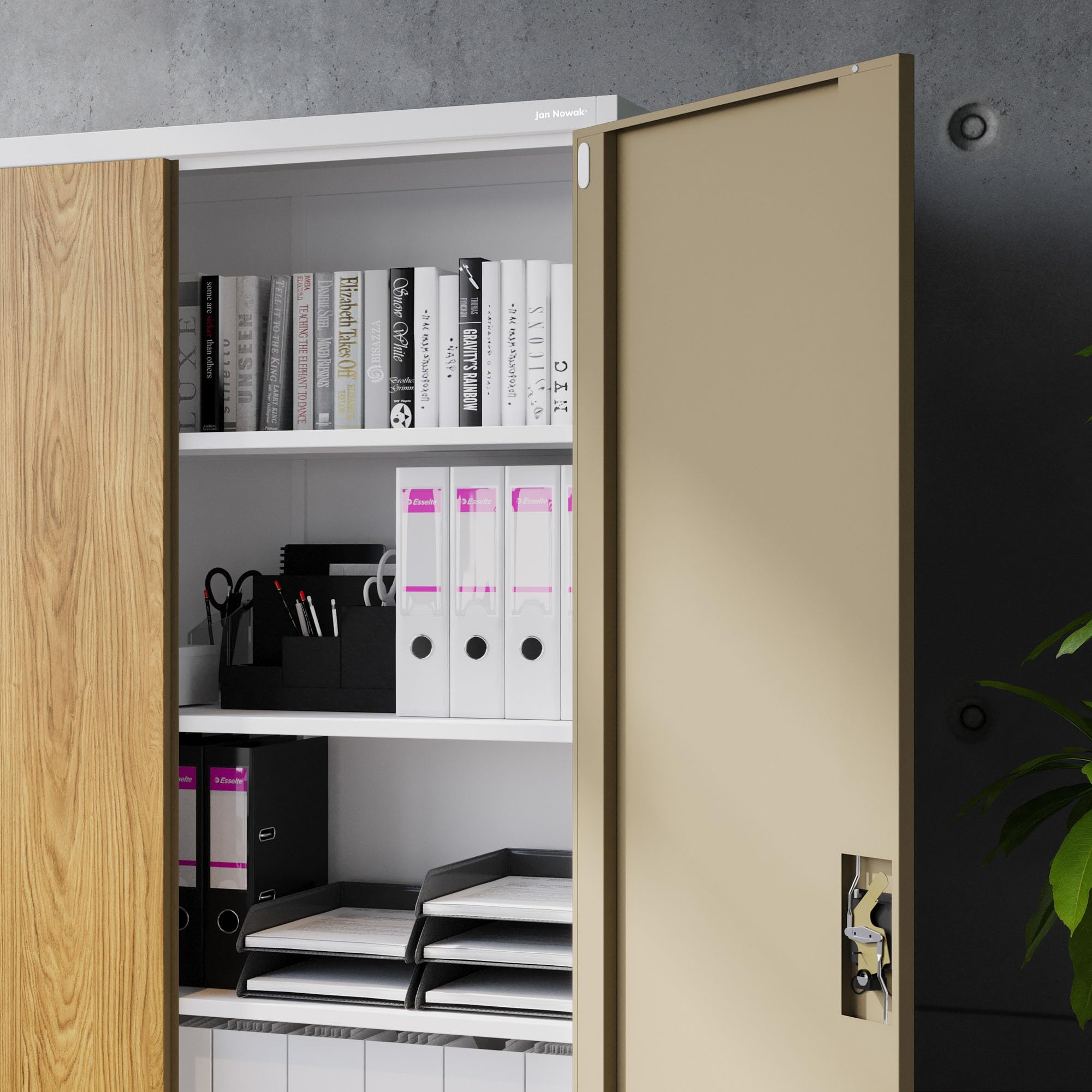 Jan Nowak Armoire de Bureau métallique verrouillable avec 4 étagères réglables pour dossiers et Archives en Acier Robuste 115 x 185 x 40 cm Blanc Chêne doré