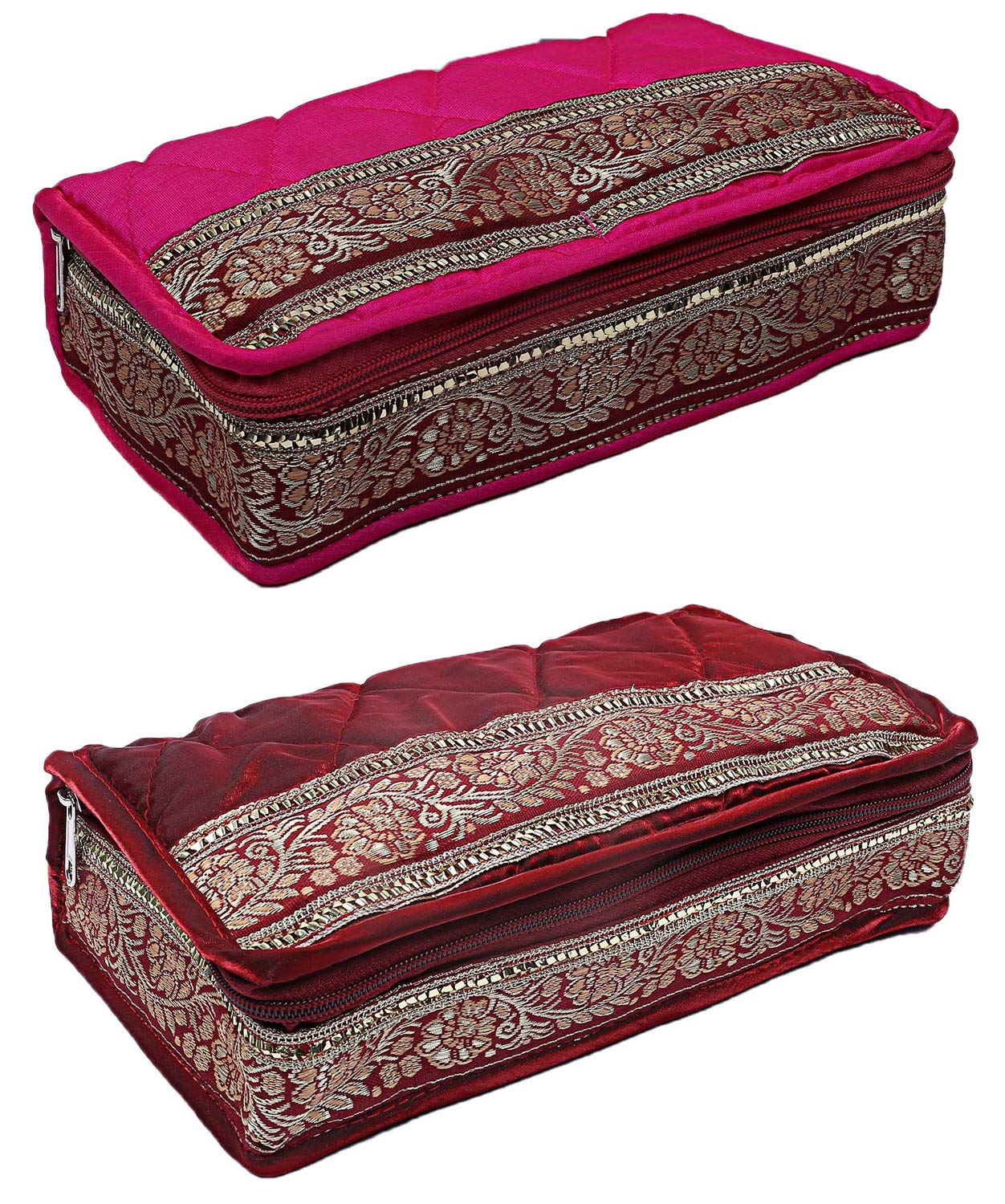 Kuber Industries Brocade Silk Jewellery Pouch Cum Makeup Organiser Kit (Maroon & Pink)-Pack of 2-KUBMART15799