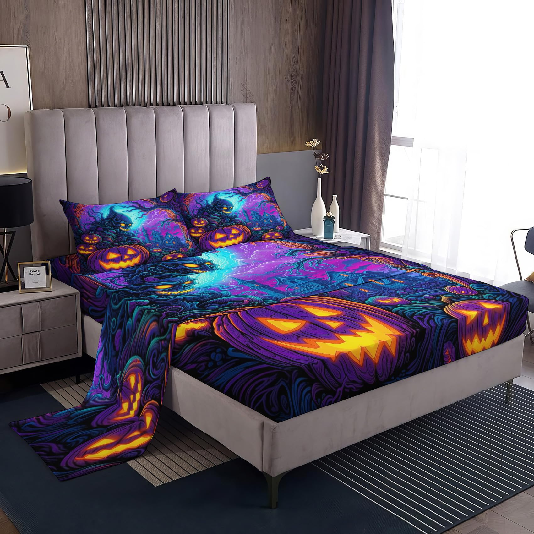 Halloween Sheets Queen Size - Horror Pumpkin Dead Tree Bed Sheets for Kids Boys Girls, Halloween Theme Sheet Set with Deep Pocket Fitted Sheet, Soft Microfiber Wrinkle Free Bedding Set