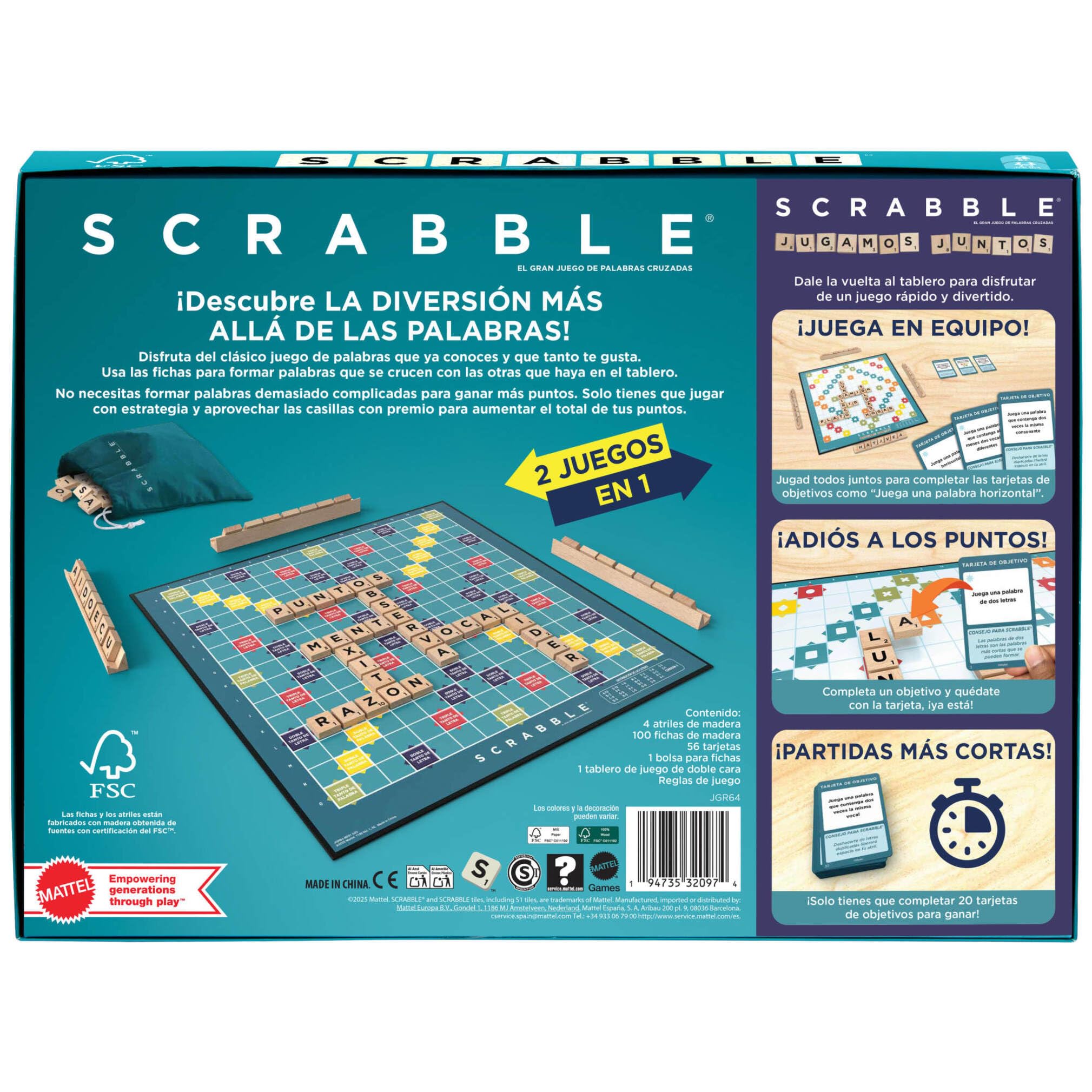 Mattel Games Scrabble Juego de Mesa, clásico Juego de Palabras Familiar con fichas de Letras y atriles de Madera, Dos Opciones de Juego, edición en español, JGR64