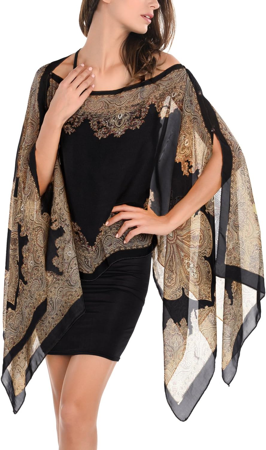 DJT Womens Paisley Print Chiffon Beachwear Poncho Bikini Cover Up Top