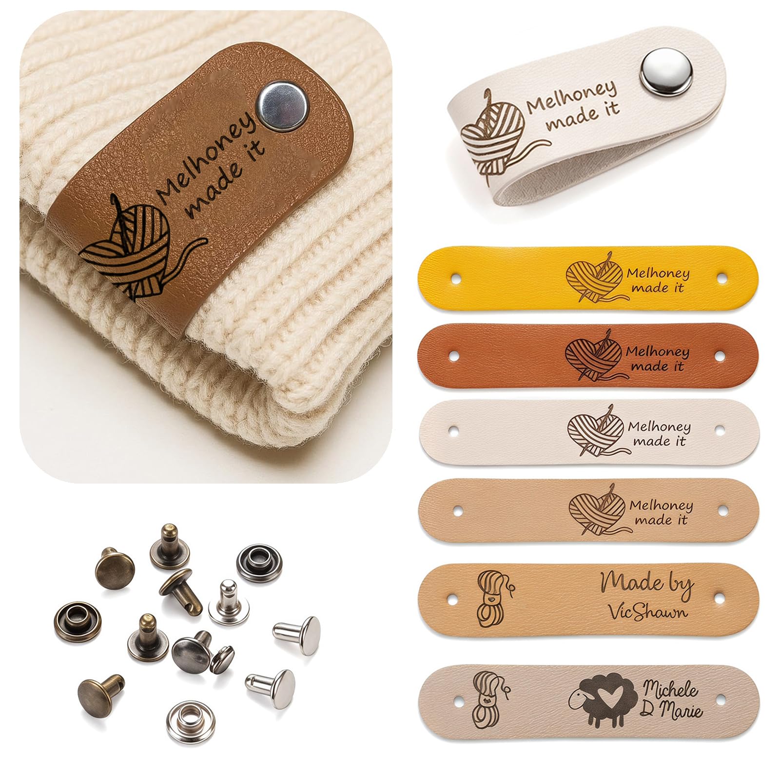 UIDMEN Personalized Leather Tags for Crochet Items, Custom Labels with Engraved Text & Logo, Cute Labels Handmade Perfect for Hats Scarves, Label for Knits, 2.8 x 0.75 inches Tags with Rivets