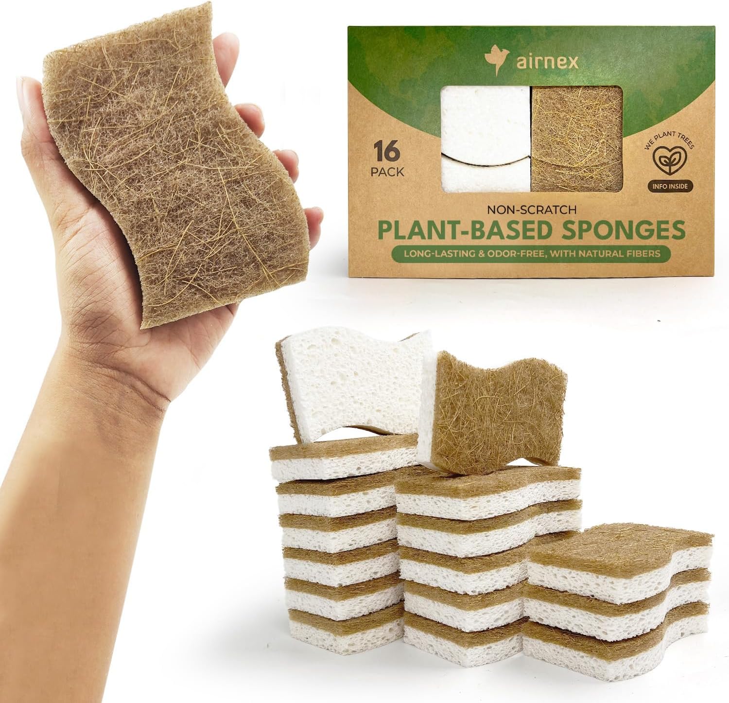 Natural Kitchen Sponges Pack of 16 – Cellulose and Coconut Husk Dishwashing Scrubbers – Odor Free, Non Scratch, Eco Friendly, Quick Drying Scrub Sponges for Washing Dishes