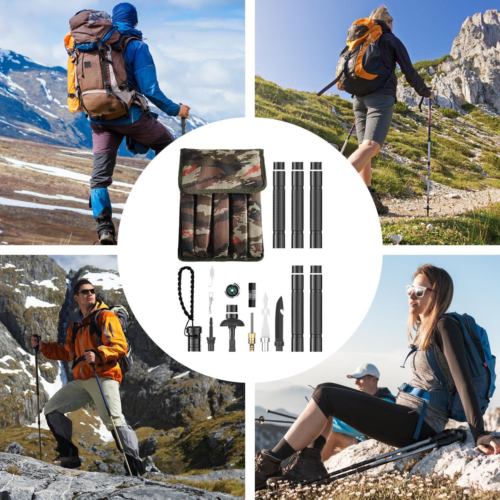 Kij Trekkingowy Do Wędrówek Składane Kijki do Chodzenia | Laski do Wędrówek i Survivalu do Trekkingu Górskiego Podróży i Aktywności Outdoorowej