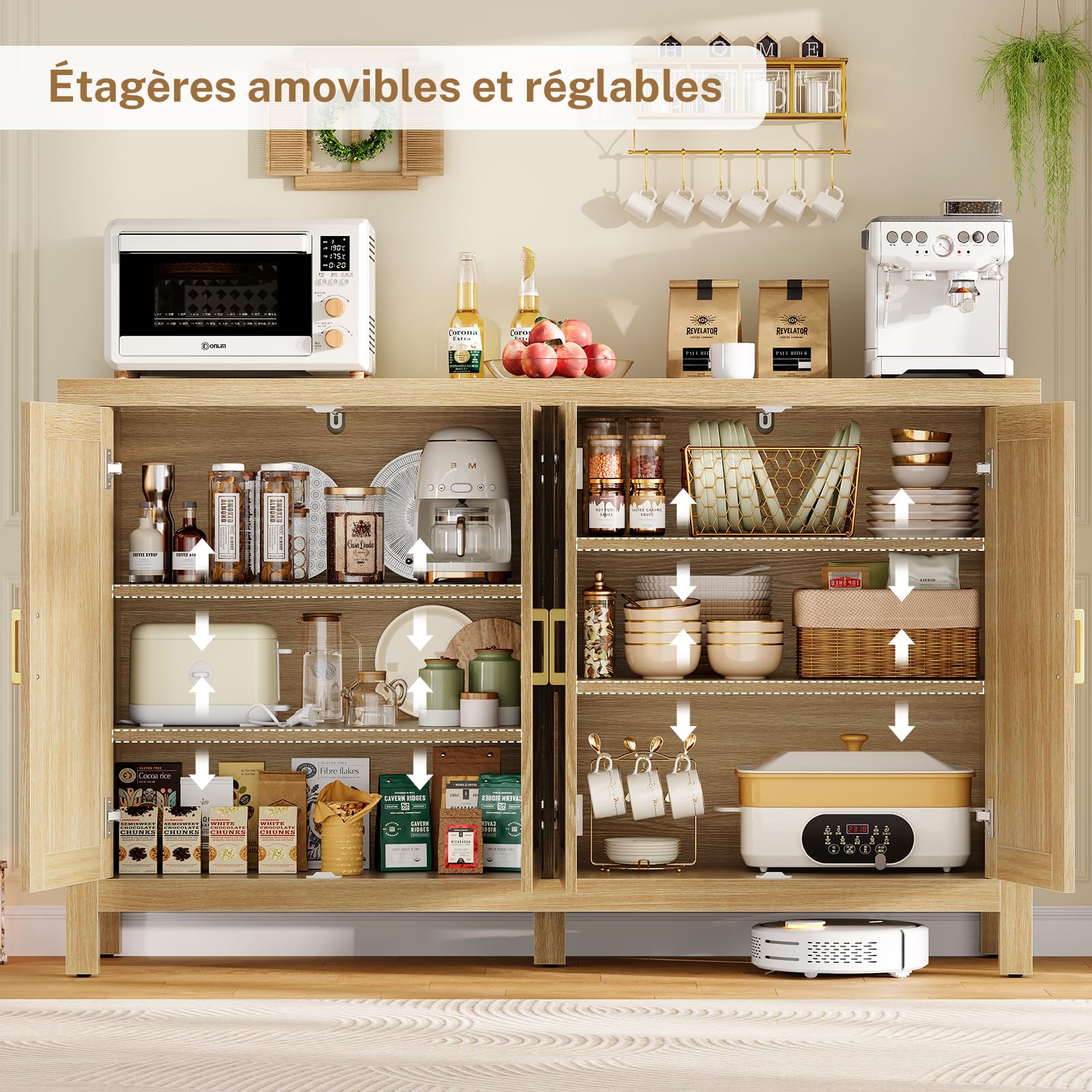 TEENFON 140cm Buffet Cuisine Cannelé 4 Portes, Meuble Cuisine à Étagères Réglables, Buffet Salle a Manger en Bois Naturel pour Salon, Cuisine – 140x38x83.6 cm
