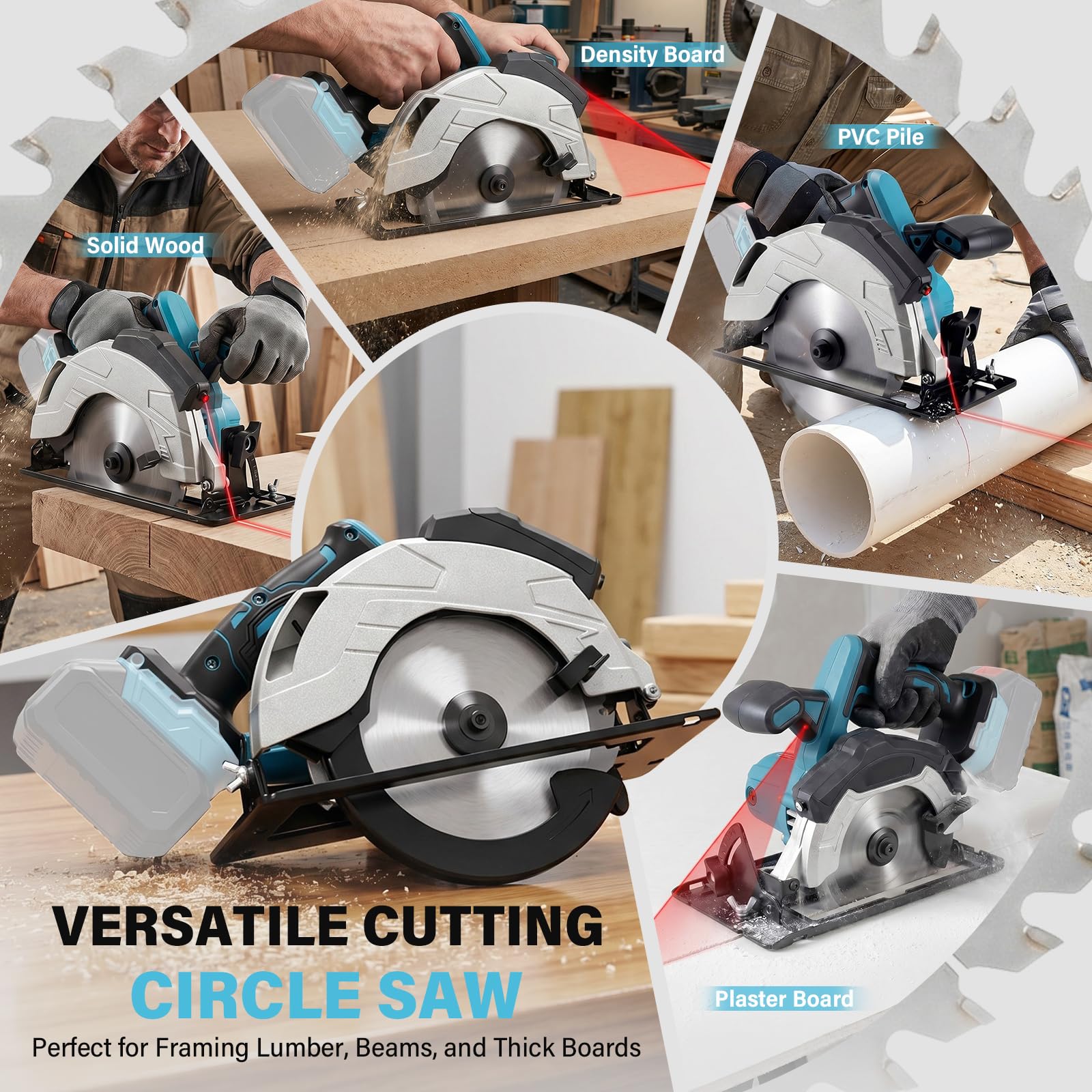 Professional Kreissäge kompatibel mit Makita 18 V Akku mit 2 Sägeblättern (185mm), Schnitttiefe: 60mm, Mit Laser, Handkreissäge, Akku-Kreissäge Bürstenlose Säge mit Einstellbarer Schnittwinkel Tiefe