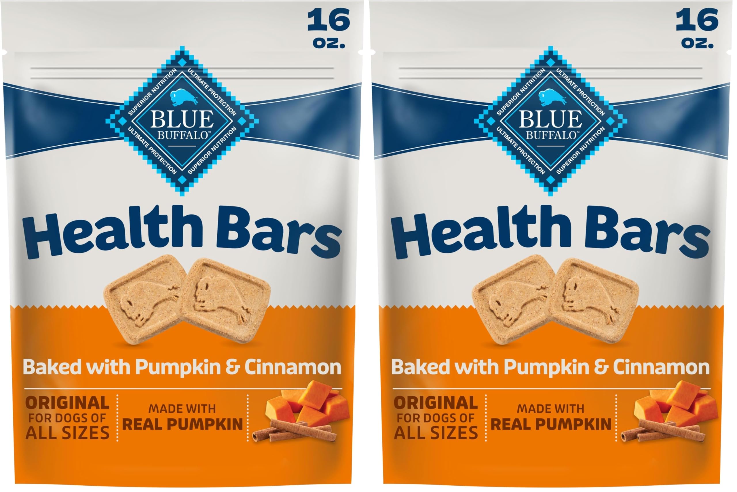 Blue Buffalo Health Bars Crunchy Dog Biscuits, Oven-Baked with Natural Ingredients, Pumpkin &amp; Cinnamon, 16-oz Bag (Pack of 2)