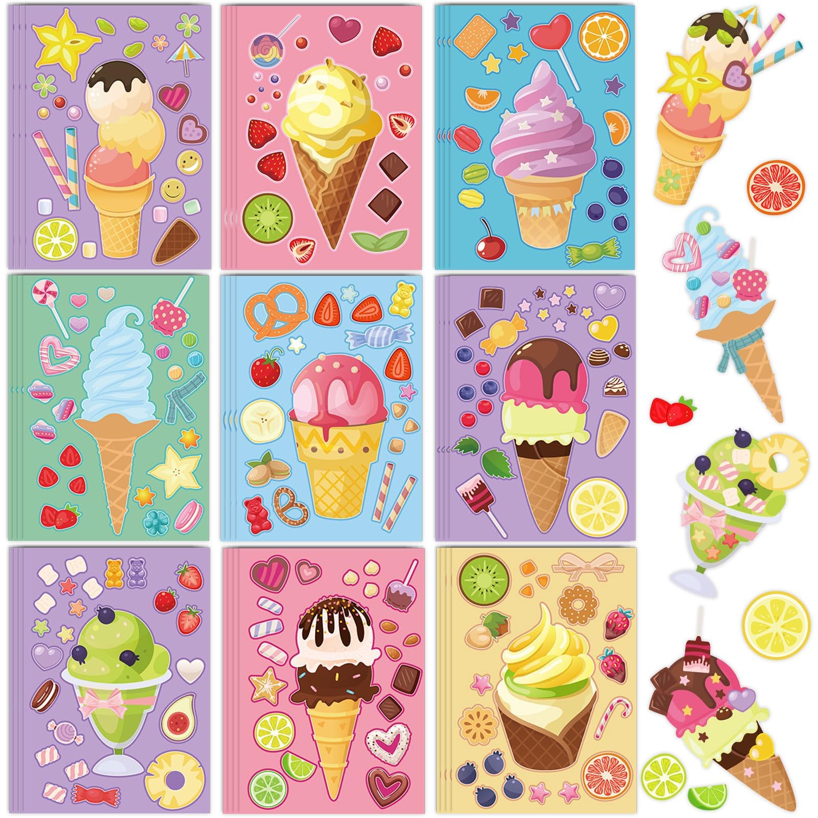 36 Sheets Ice Cream Stickers for Back to Decoration Ice Cream Party Supplies Sticker Make Your Own Sticker Mix and Match DIY Summer Stickers for Gift Teacher Rewards Art Party Favors