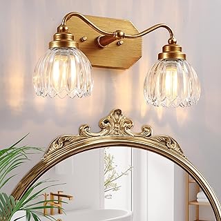 CmnVmn Vintage Bathroom Light Fixtures, 2 Light Gold Bathroom Vanity Light, Matte Antique Brass Finish with Crystal Glass Shade, Wall Sconces Lighting for Bedroom, Living Room, Hallway