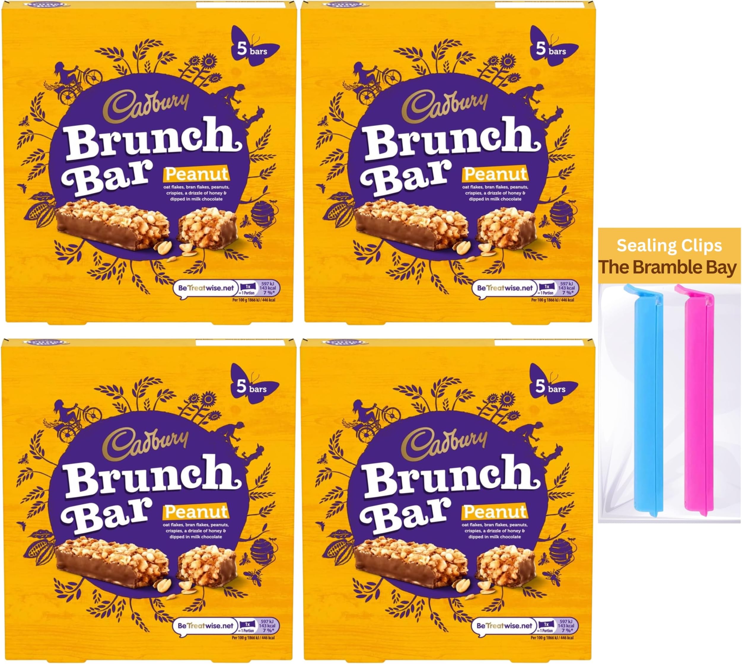 Brunch Bars Bundle contains Cadbury Peanut Pack of 4 x 5s, Total of 20 Bars, Food Sealing Clips x2