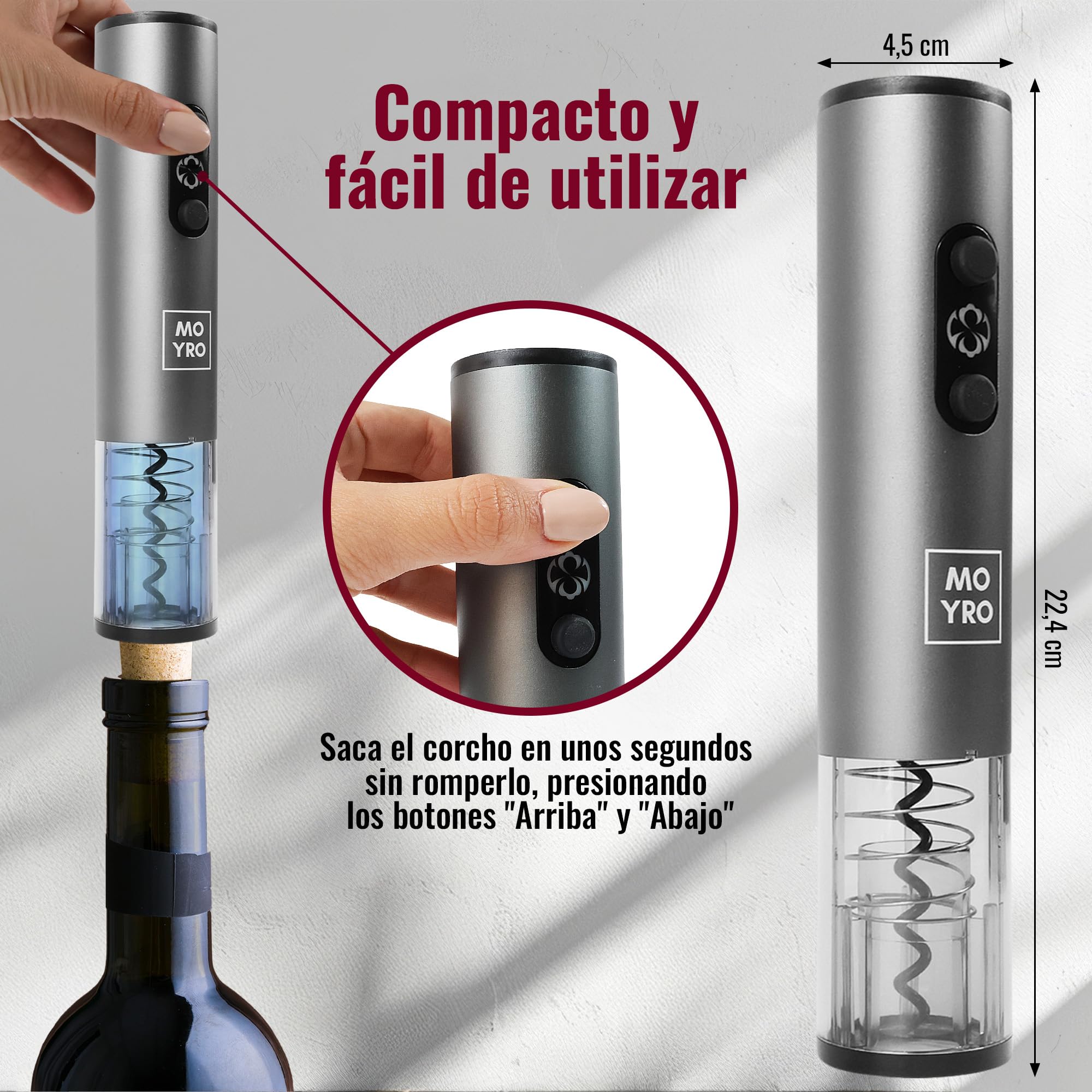 Sacacorchos Eléctrico, Abridor de Vino Automatico Profesional 4 en 1 con Cortacapsulas Botella, Vertedor de Vino, Tapón de Vino de Vacío, Funciona con 4 Pilas AA (no incluidas).