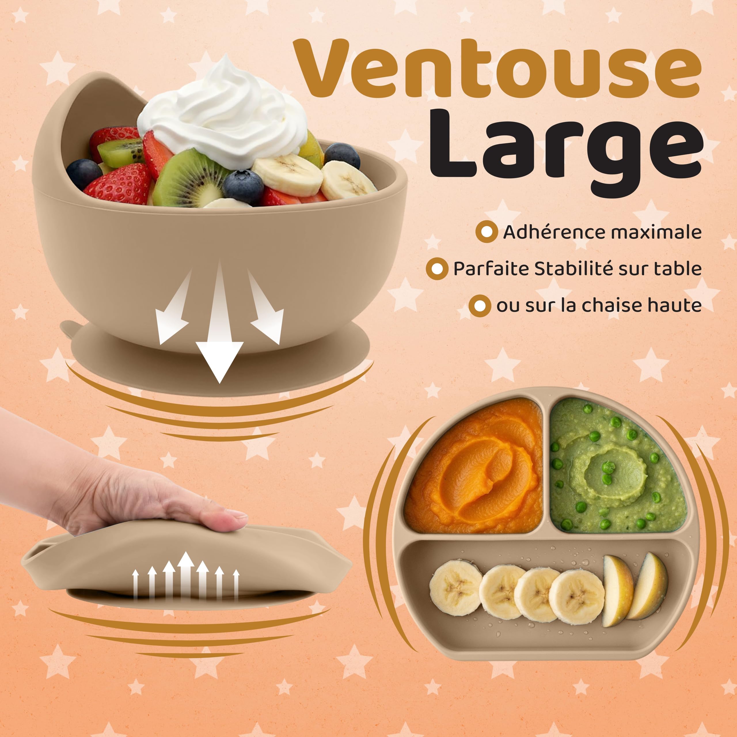Coffret Repas Bébé Silicone Set Vaisselle 1er Âge Assiette Ventouse Cuillère Bavoir Tasse Sans BPA DME Bébé Beige