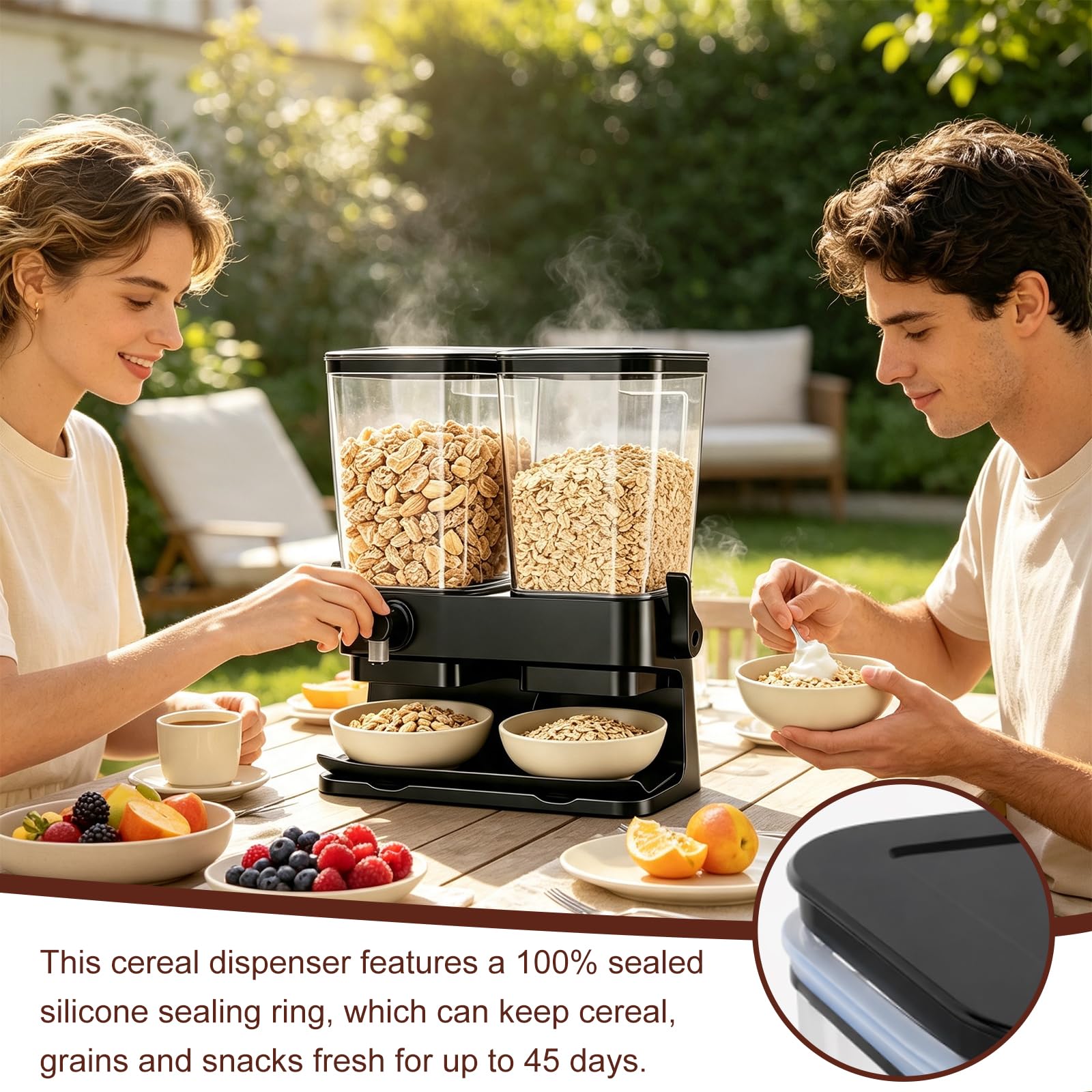 Dispensador de Cereales 2 x 3L, Cereal Dispenser Doble Hermético con 2 Compartimentos, Dispensador para Cornflakes, Muesli, Frutos Secos, Café en Grano, Dulces y Alimentos Secos